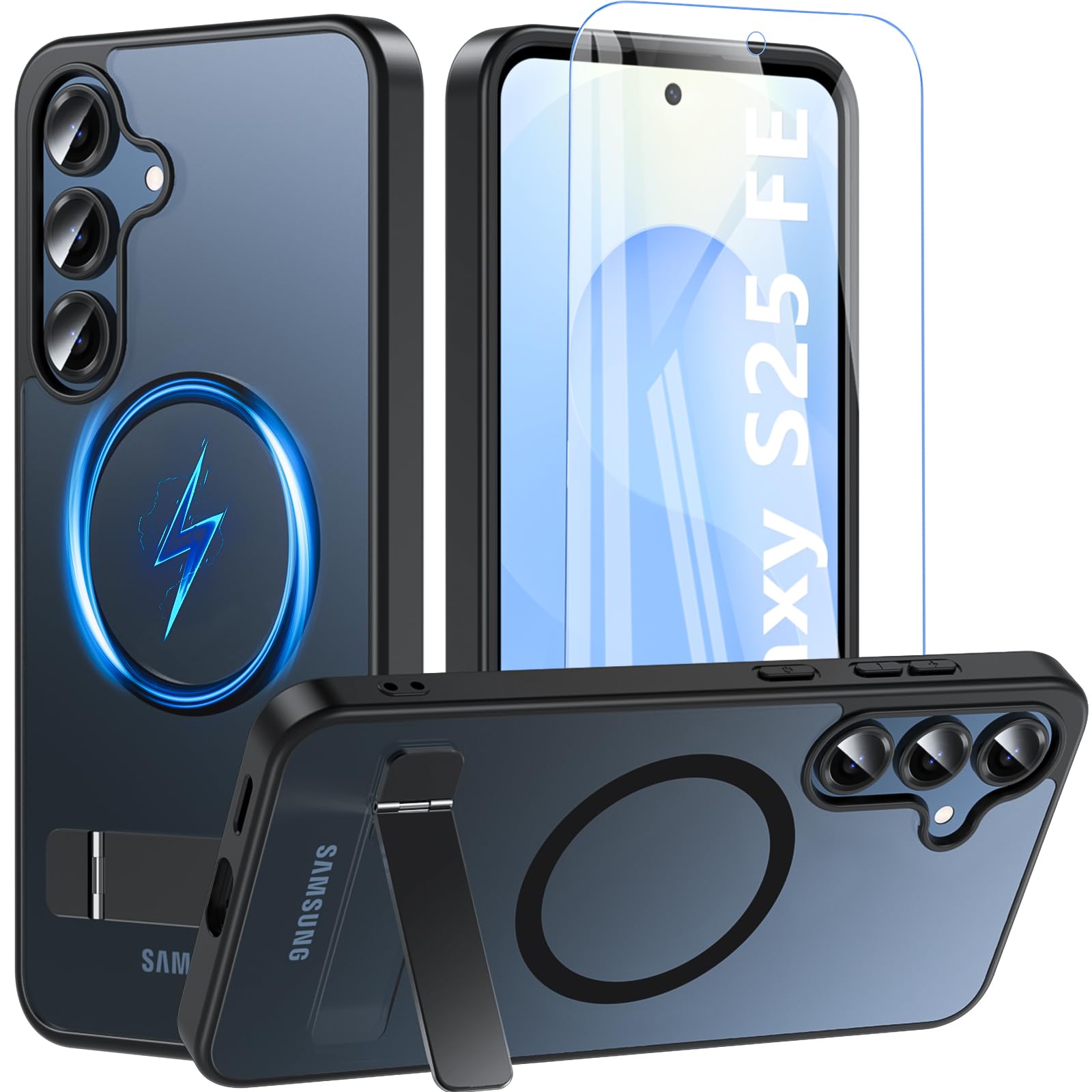 for Samsung Galaxy S25 Fe Case with Stand&Screen Protector,Strong Magnetic Galaxy S25 Fe Phone Case[Adjustable 3 Kickstand Ways] Military Protection Slim Shockproof Cover for Samsung S25 Fe 5g,Black