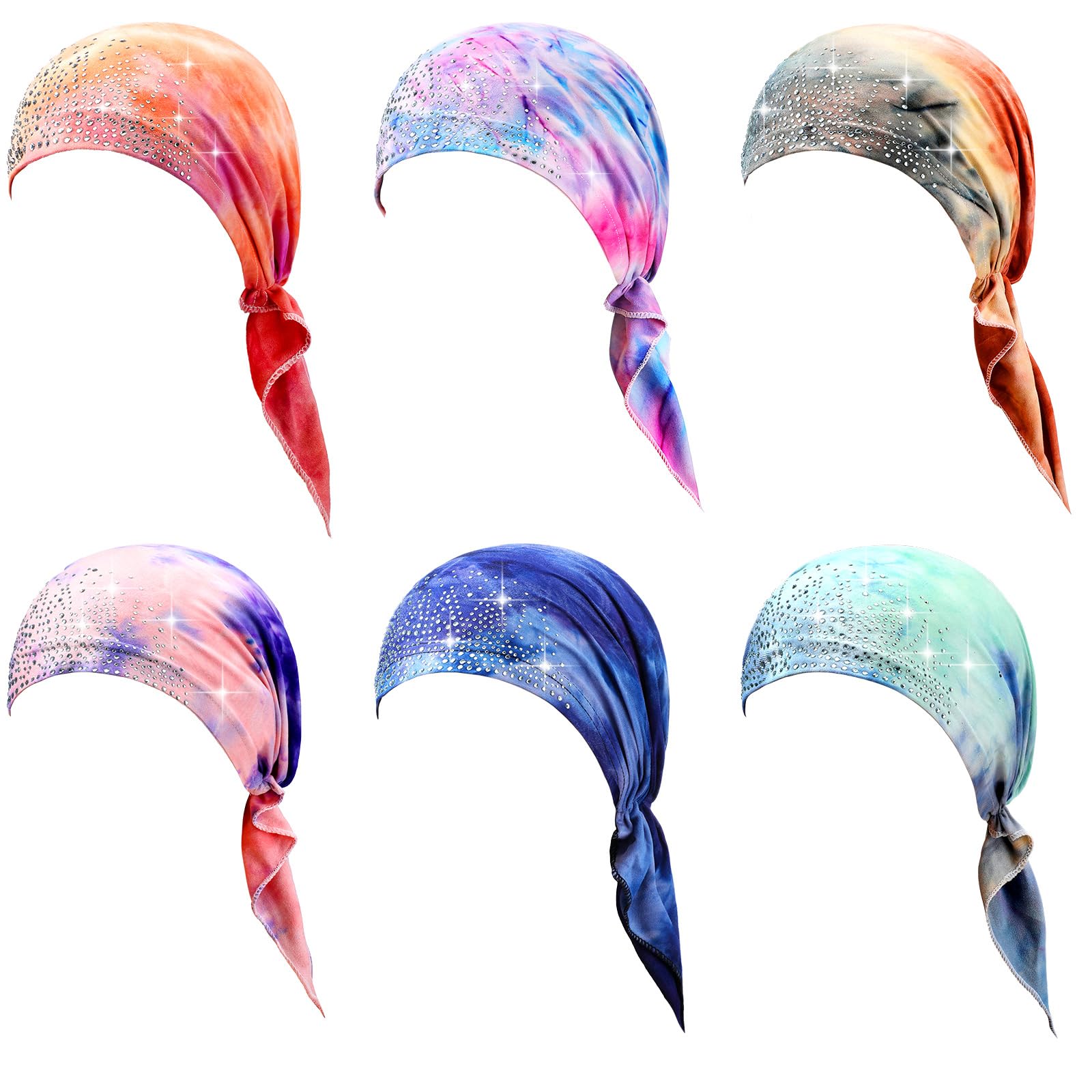 Geyoga 6 paquetes de pañuelos elásticos para la cabeza con diamantes de imitación para mujer, gorro tipo bandana preatado, turbante Durag, gorro de calavera