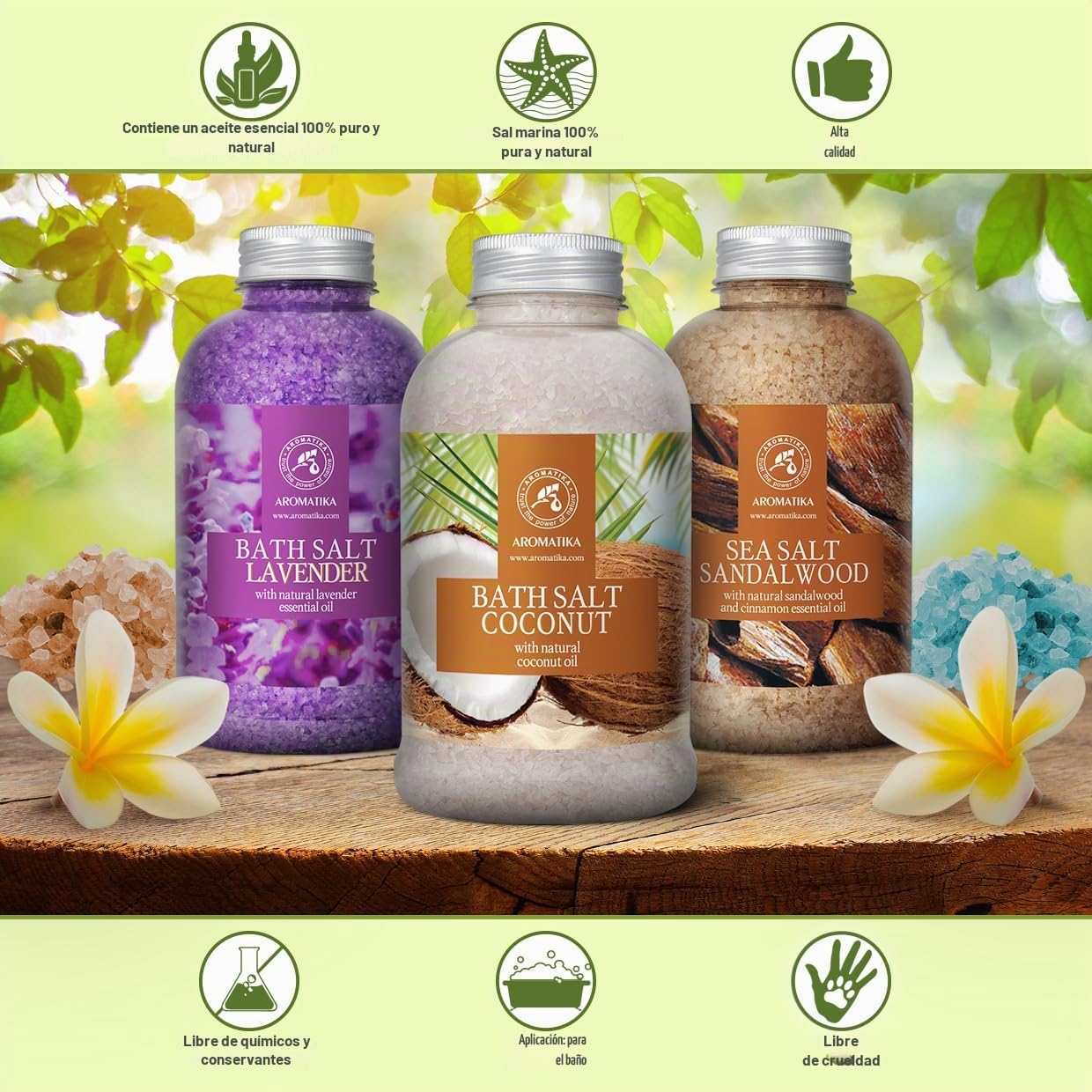 Sales Marinas de Baño Set Lavanda & Coco & Sándalo 3х600g - Sal Marina con Aceite esencial de Lavanda - con Aceite de Coco Natural - Aceite de Sándalo y Canela - Cuidado del Cuerpo - Aromaterapia