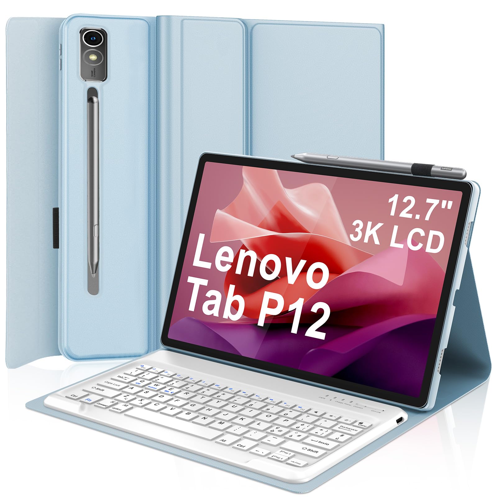 IVEOPPE Tastiera per Lenovo Tab P12 12.7" 2023, Cover Custodia Cover Tastiera Layout Italiano Rimovibile Bluetooth per Lenovo Tab P12 12.7 Pollici 2023 TB370FU, Blu cielo