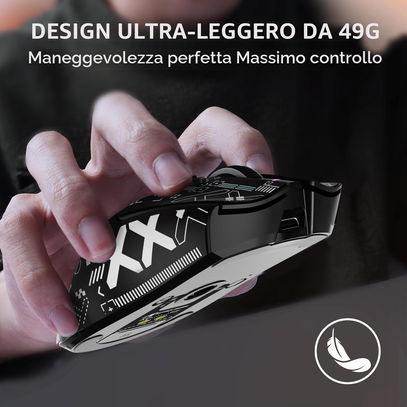 MAMBASNAKE Attack Shark X1 Mouse da Gioco 49g Leggero con Dock di Ricarica Touchpad, Sensor PAW3395 PRO 40K DPI, Mouse da Ufficio Wireless/Cablato BT/2.4G con Grip Tape per PC/Mac/Win11/PS - Nero