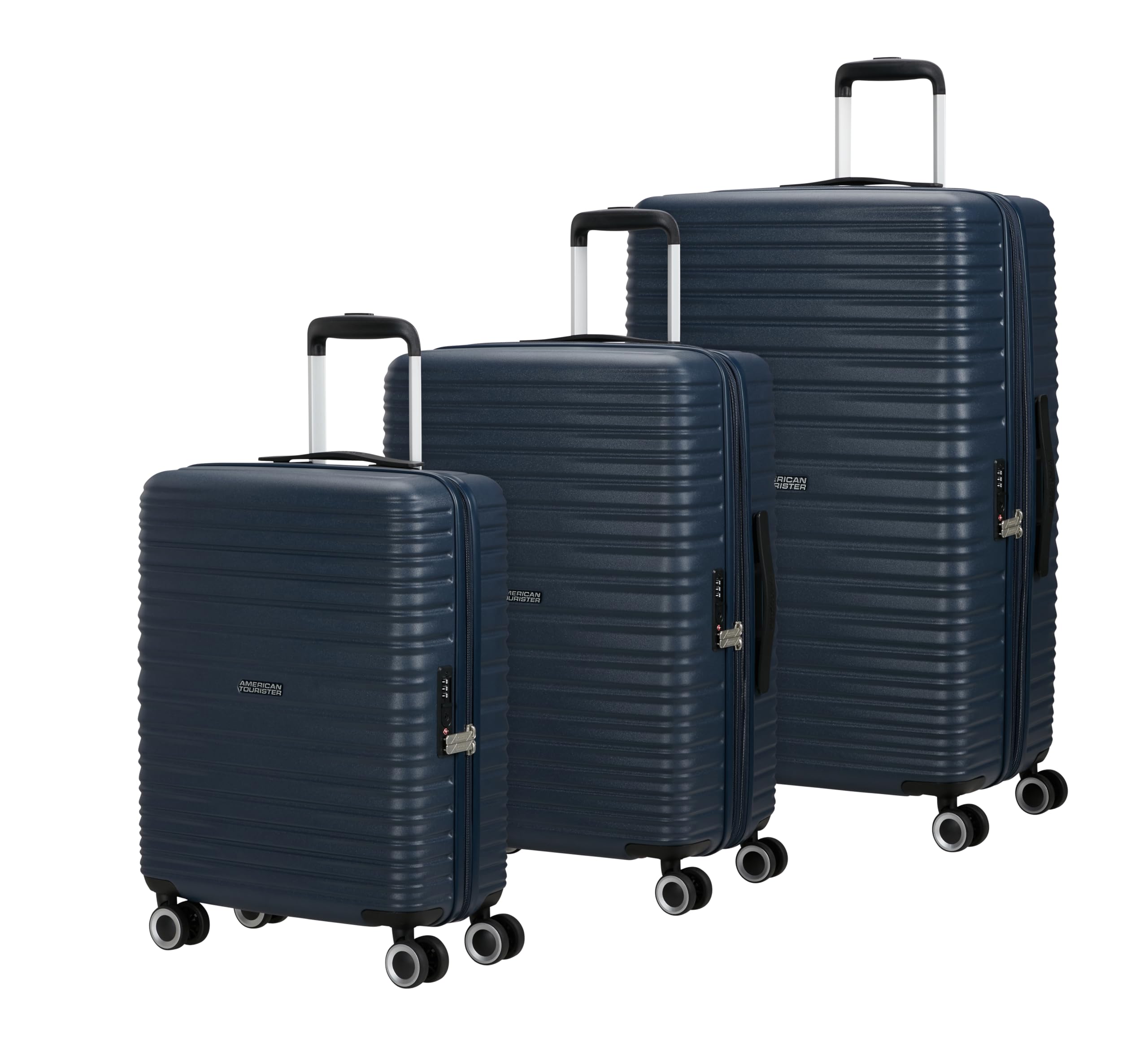 American Tourister Aerotech - Ensemble de 3 Bagages à Coque Rigide (Bagage à Main, Moyen, Grand) Ensemble de Chariot Extensible avec Serrure TSA - Bleu (Bleu Marine métallisé)