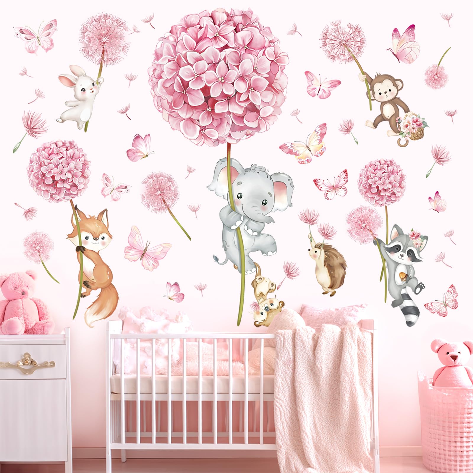 PosterDump - Giraf Olifant Bijtje Vlinder Dieren In De Bosjes Links Baby Kinderkamer Poster Dieren Poster 50x40cm