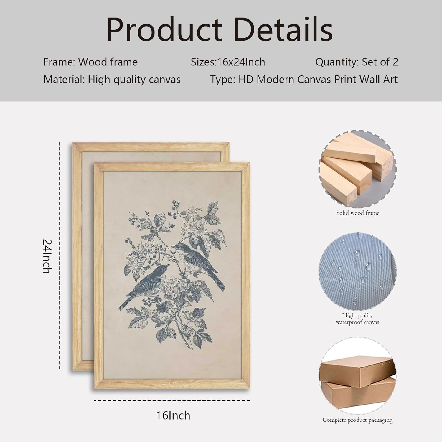 Set of 2 Bird Canvas Wall Art Posters 16x24 Inch – Nature Inspired Botanical Prints with Light Wood Frame – Birds and Flowers Conversation Artwork for Living Room, Bedroom, Farmhouse Wall Decor