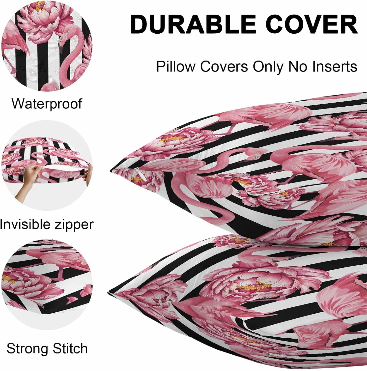 Waterproof Throw Pillow Covers, Summer Watercolor Pink Flamingo Flower Floral Print Black White Stripe Decorative Pillowcase Soft Cushion Case for Patio Couch Tent Balcony, Set of 2 Square, 20"X20"