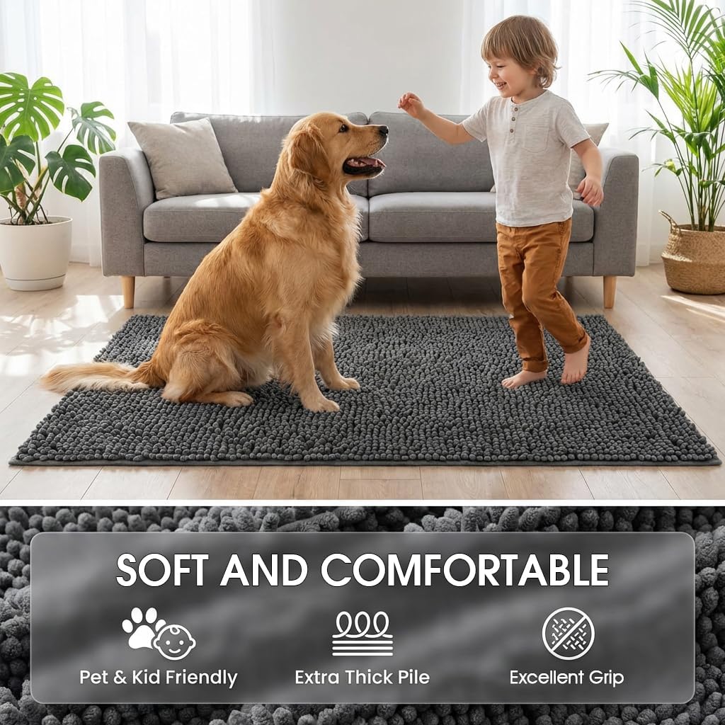 Super Absorbent Dog Door Mat for Muddy Paws, 60"x36" Dirt Trapper Non-Slip Chenille Mat for Mud Dogs, Machine Washable Quick Dry Indoor Entryway Rug,Dark Grey