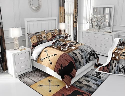Miniatura 6 de Funda de edredón de oso de ciervo a cuadros 100% algodón, tamaño King, funda de edredón de retazos de oso de oso para campamento, caza, juego de