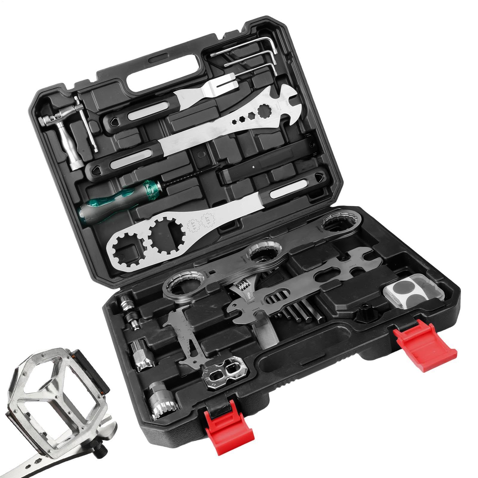 Kit Herramientas Bicicleta Llave resistente con estuche | Kit reparación para bicicletas para cadena, freno, neumático, sillín, y para en casa, taller y garaje