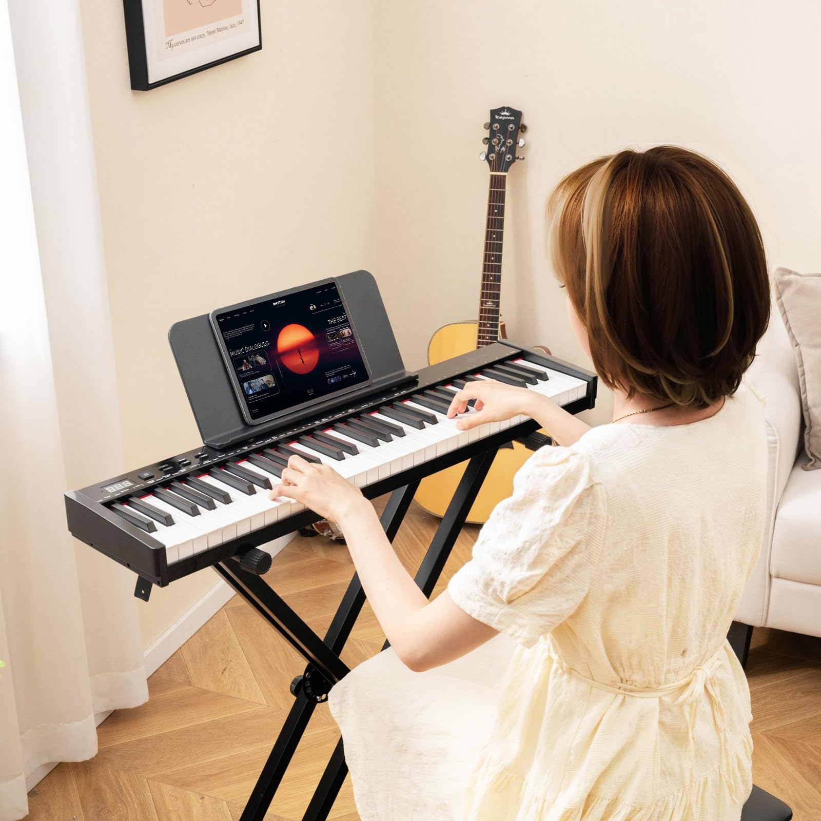 KOMFOTTEU Pianoforte Digitale 61 Tasti Semi-Ponderati, Tastiera Musicale con Supporto e Sgabello, Digial Piano con Tasti Semi-Pesati, Funzione Audio MIDI Wireless, Leggio, Pedale di Sustain e Borsa