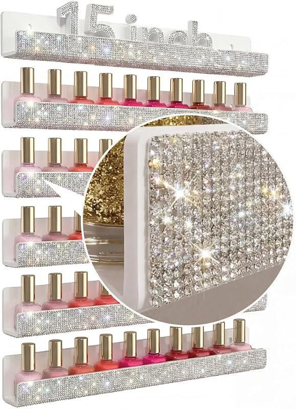 YMVV Prateleira de parede para esmaltes, acrílico branco com cristais decorativos, formato L, 6 unidades