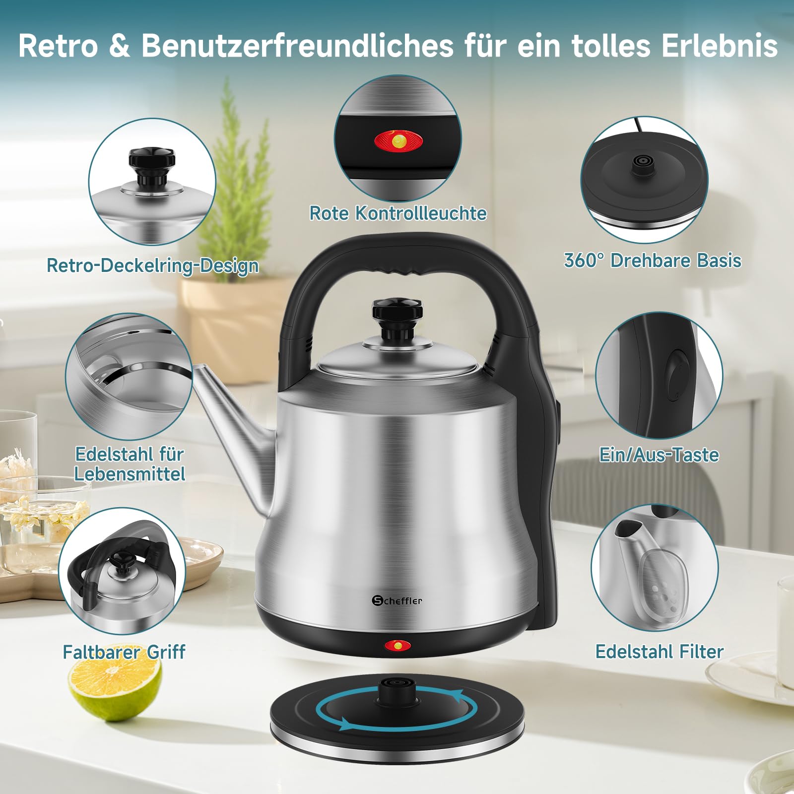 Wasserkocher Edelstahl 4,5L,1800W Vintage Electric Kettle, Klappbarer Griff