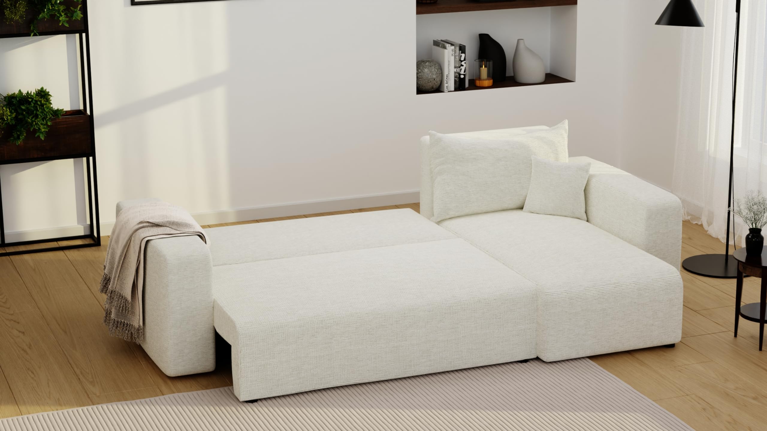 Ecksofa mit Schlaffunktion und Bettkasten 248 x 145 cm Beige | 248 x 145 x 79 cm, Kiefernholz und MDF, Hoher Sitzkomfort, Wohnen und Schlafen, Integrierter Bettkasten