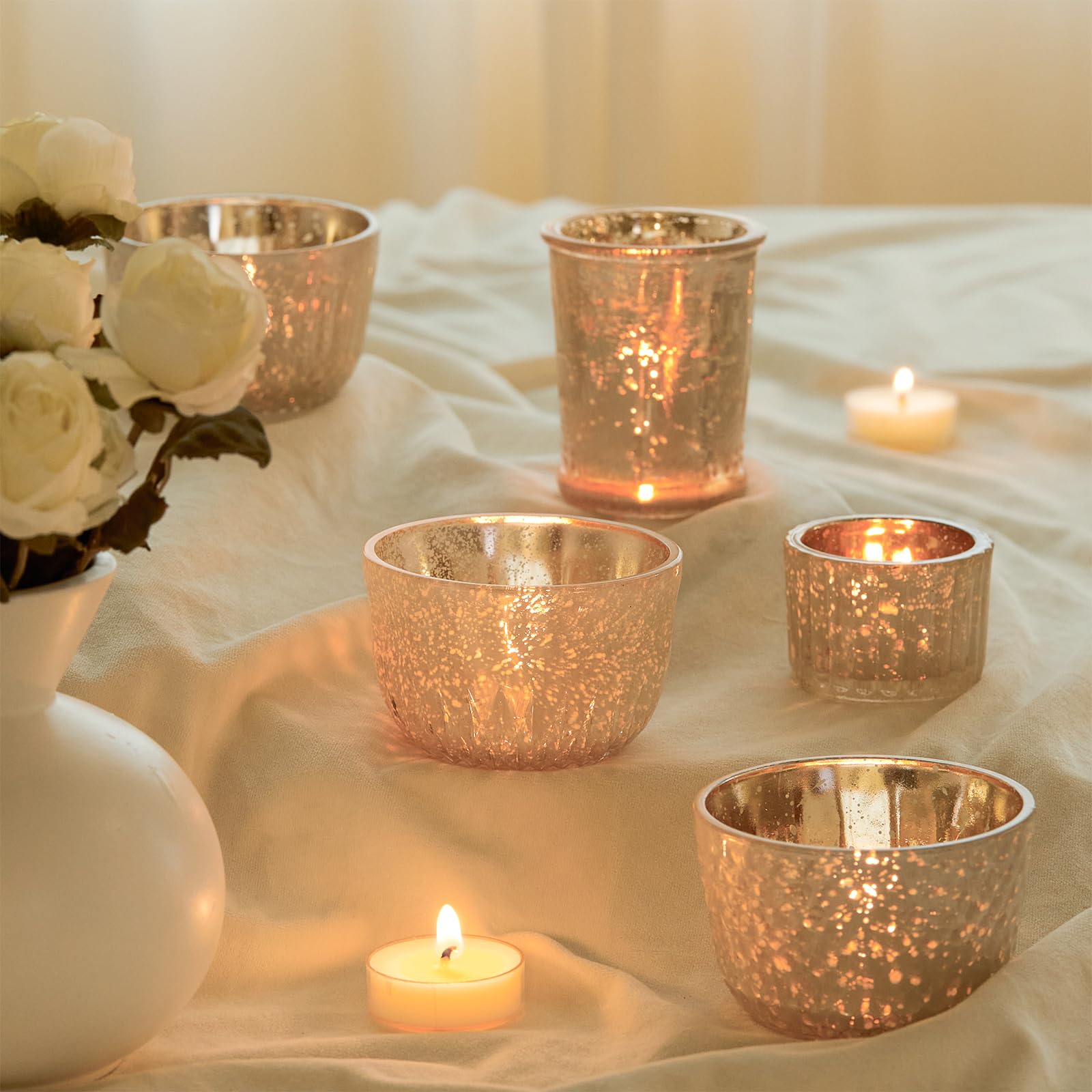 DN DECONATION Teelichthalter Gold, 8er-Set Kerzenhalter Glas, Votivkerzenhalter aus Quecksilberglas für den Tischaufsatz bei Hochzeiten, Partys, Herbst | Votivkerzenhalter, Vintage-Teelichthalter für Hochzeiten, Partys, Tafelaufsätze, Dekorationen