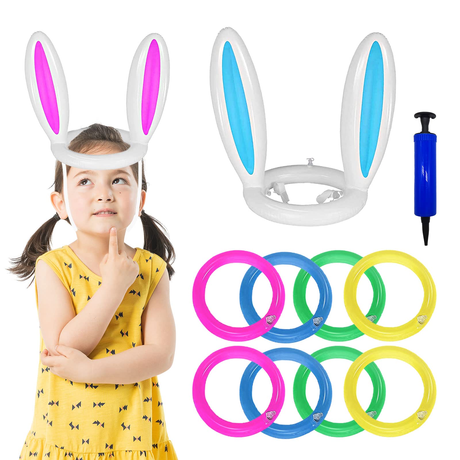 Lot de 2 Jeux de Lancer d'anneaux gonflables pour Oreilles de Lapin (2 Ensembles, 8 Anneaux et 1 Pompe)| Fournitures de fête pour Enfants ou Famille