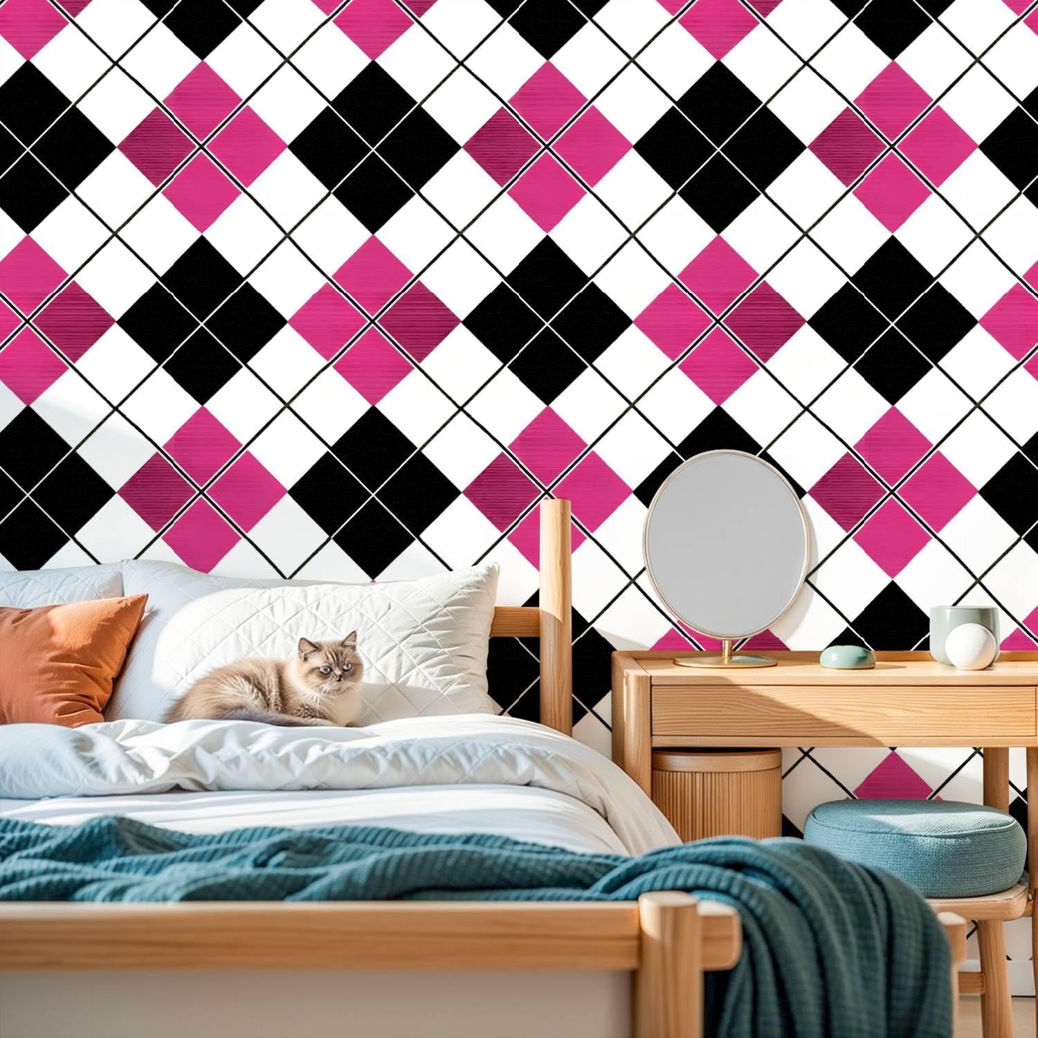 Peel and Stick Wallpaper Seamless Illustrated Argyle Black White hot Pink Wall Contact Paper 17.7"x118" Waterproof Self Adhesive Vinyl Covering for Bathroom Kitchen Decor
