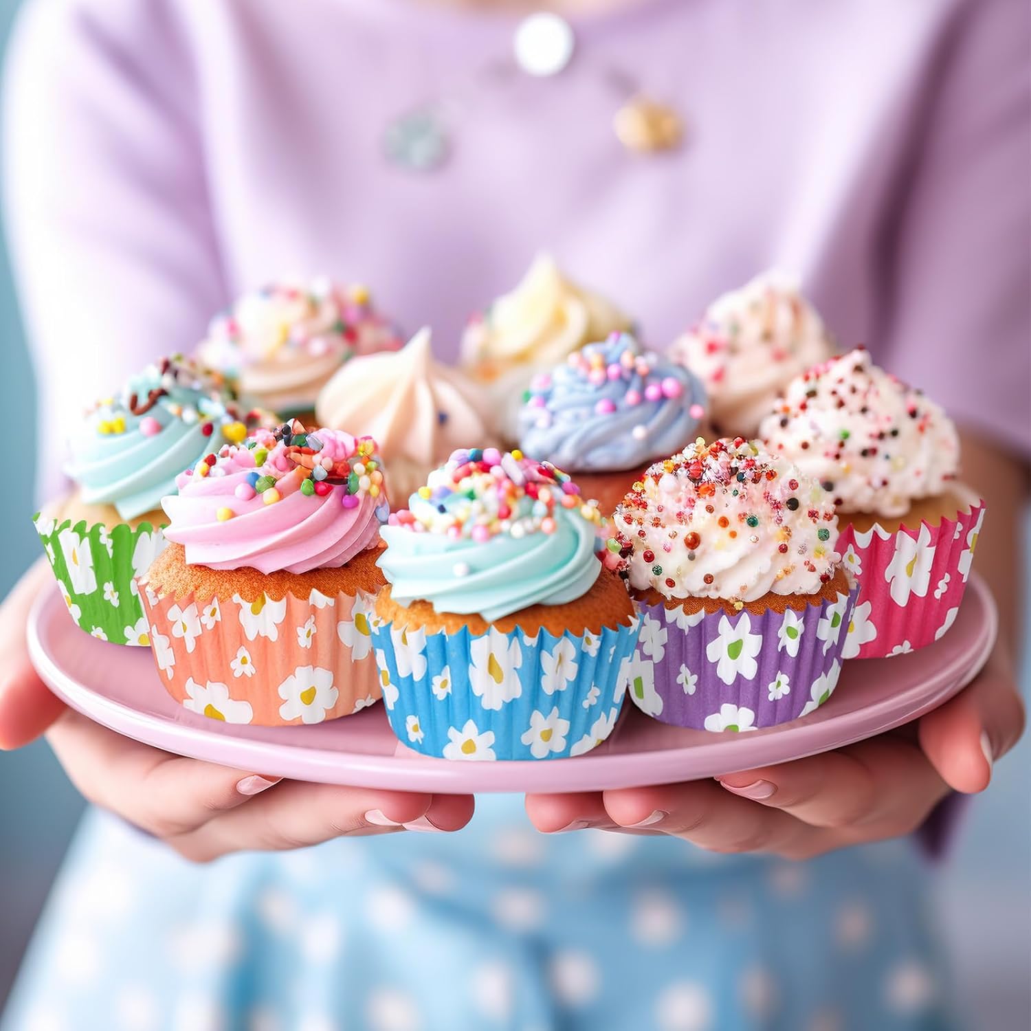 Whaline 600Pcs Colorful Daisy Flower Cupcake Liners Spring Rainbow Color Cupcake Wrappers Baking Cup Boho Groovy Hippie Party Muffin Liners for Baby Shower Wedding Birthday Party