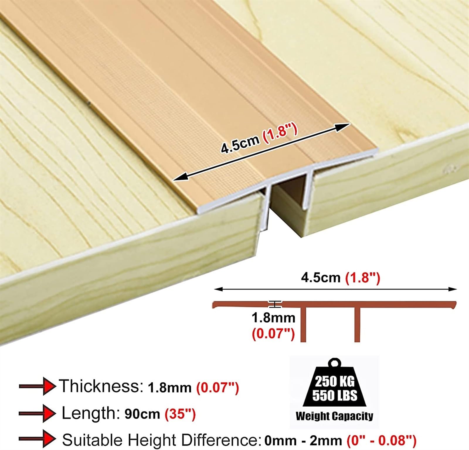 Profilo di Transizione, Striscia di Soglia, Riduttore da pavimento a laminato/legno a piastrelle, ideale for la copertura del collegamento degli spazi tra piastrelle(Gold)