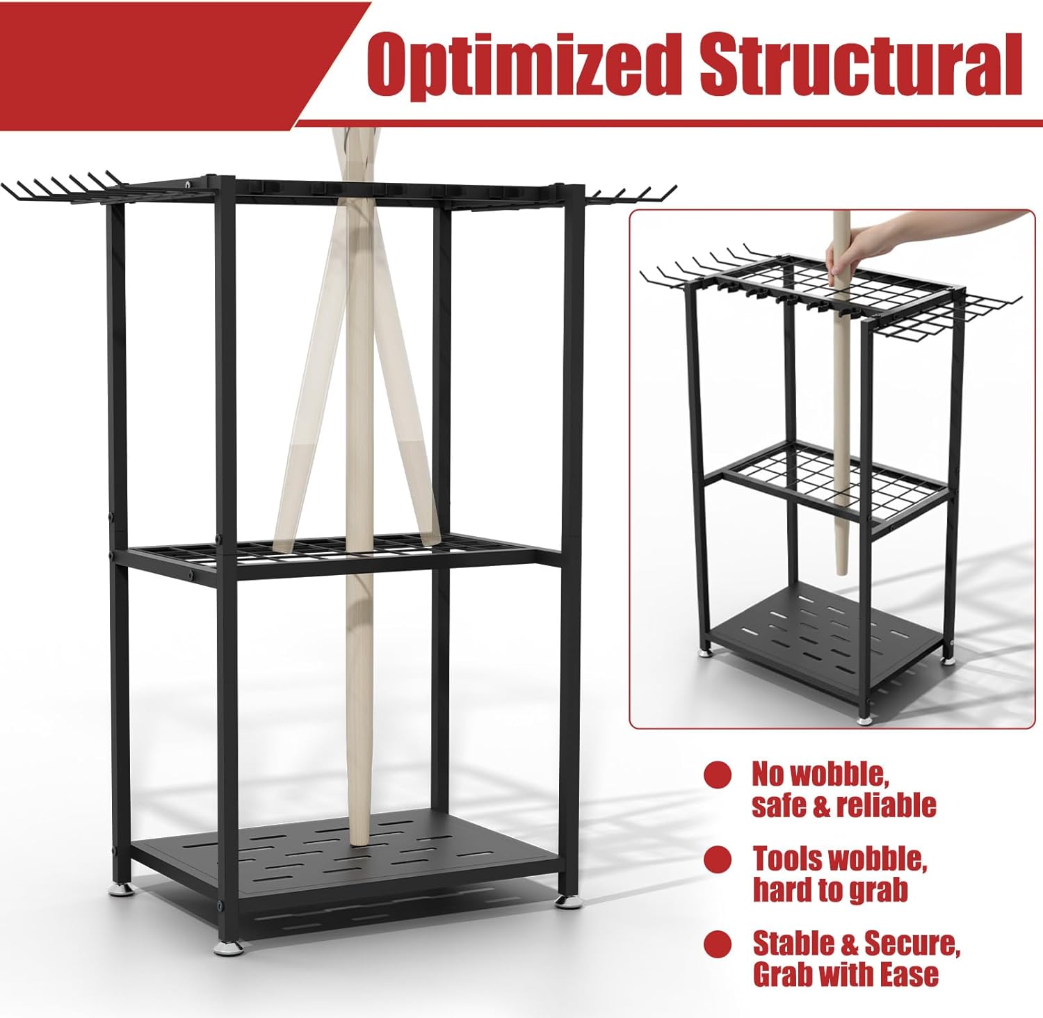 Garden Tool Organizer, 3-Tier Metal Yard Tool Rack with 14 Hooks & 5 Slots, Holds 50+ Rakes/Shovels/Brooms, Heavy Duty Freestanding Lawn Tool Storage for Garage Shed Outdoor Organization