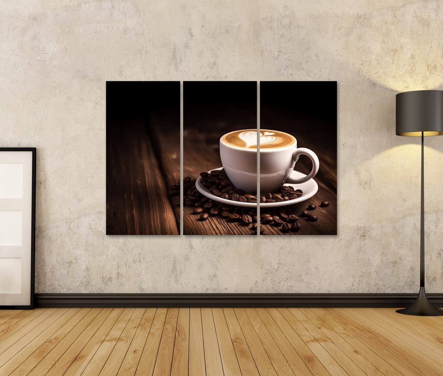 islandburner Prime - Quadro su tela a forma di tazza di caffè latte a forma di cuore con chicchi di caffè, vecchia tazza in legno, poster da parete