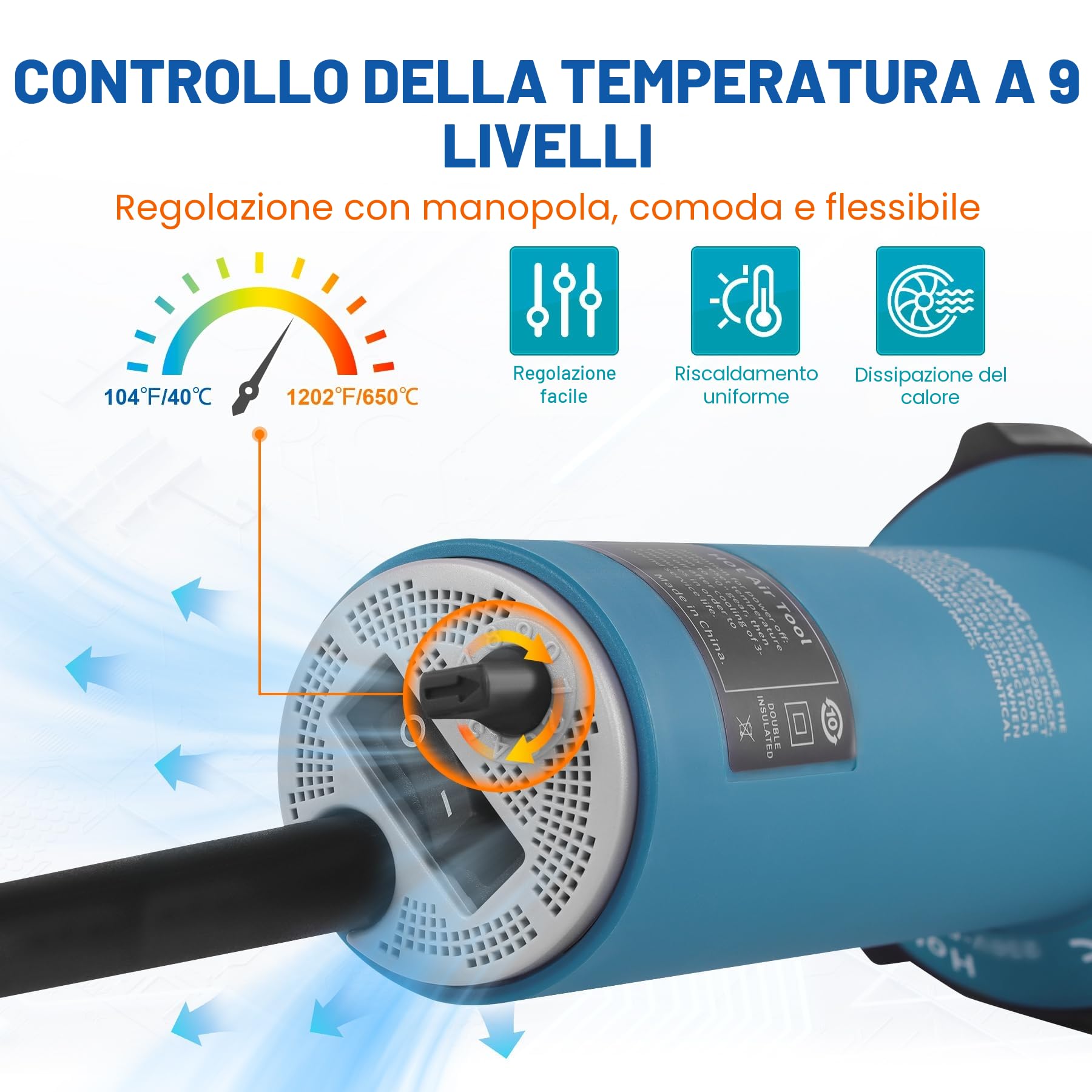 Pistola per saldatura ad aria calda, 1600 W, 220 V, torcia ad aria calda, in plastica, pistola per saldatura, saldatrice a gas caldo con ugelli e aste in PE/PVC, con custodia in plastica e