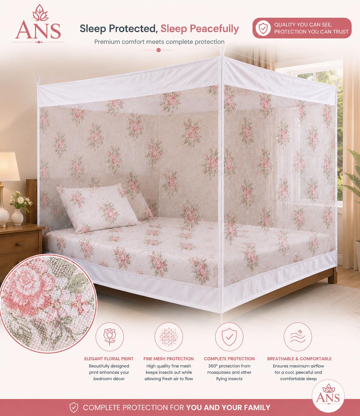 ANS Mosquito Net for Bed Floral Print with Cotton Border, Breathable Free Air Flow Hanging Mosquito Net, Fine Mesh Insect Protection Net, Washable Lightweight Bed Net for Home Use, White Floral 3