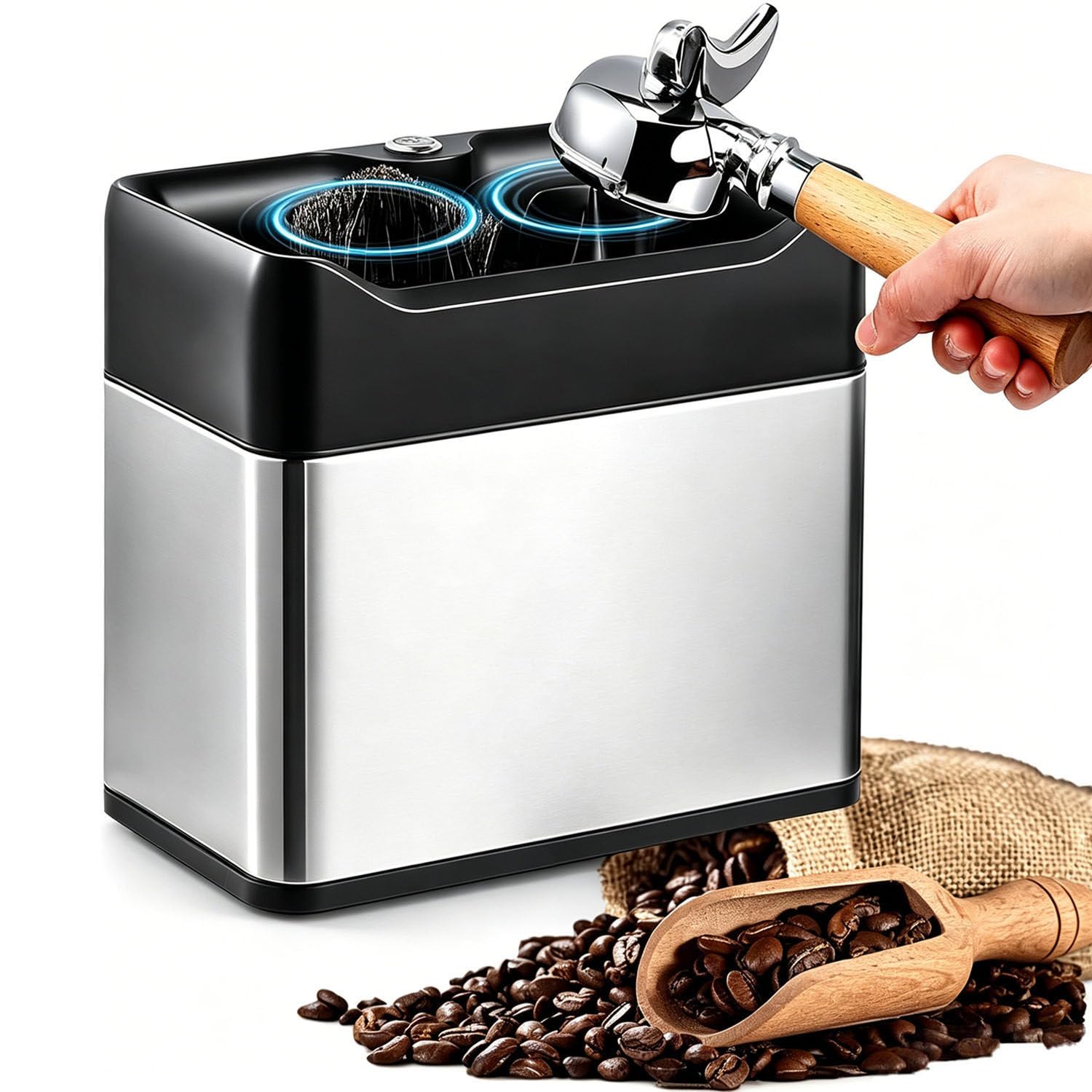 COAKUE Electric Espresso Portafilter Cleaner with 2 Scrapers for 58mm Baskets Silver