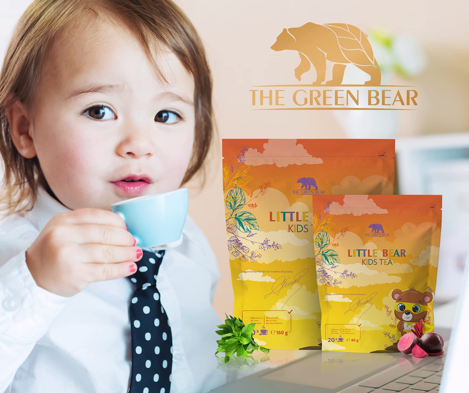 The Green Bear Baby Tea Baby Fenchel Tee mit natürlichen Rote Beete & Kamille Tee Blätter – Antioxidantireicher Kräutertee Zucker und koffeinfreier Tee – Gesunder Tee für Babys – 1 Pkg = 20 Dosen