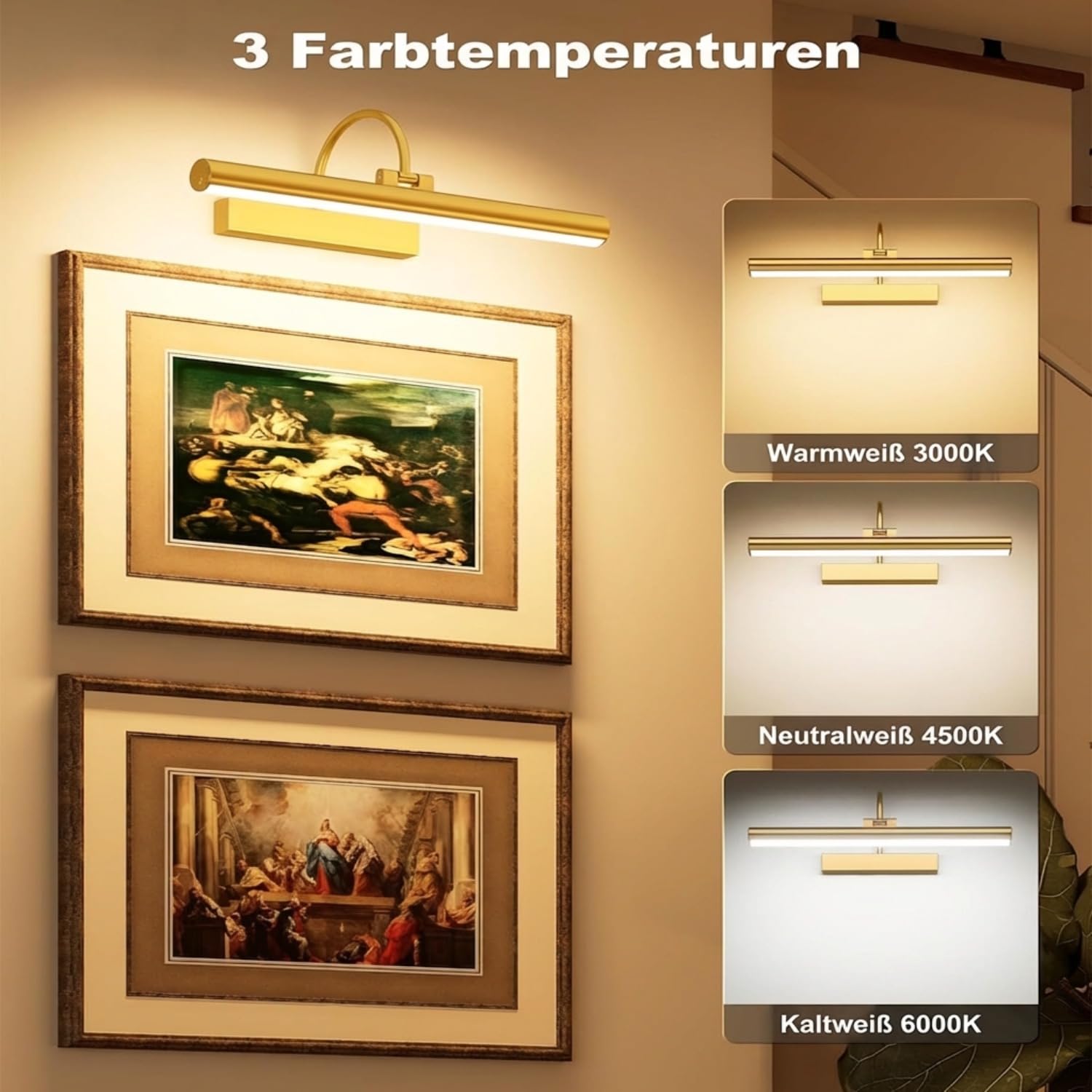 Gresonic 2pc Bilderleuchte Kabellos Akku, 42cm Wiederaufladbar LED Bildlampe mit Fernbedienung Timer, 3 Farbtemperaturen Dimmbar, 210° Drehbar Bildbeleuchtung aus Acryl für Spiegel, 5200mAh Gold