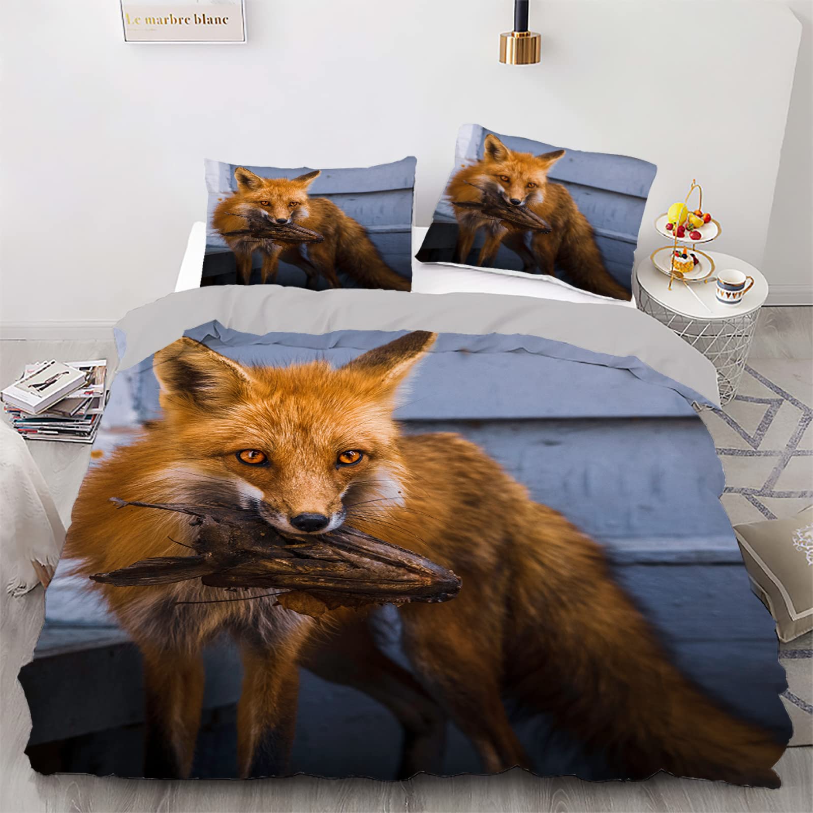 Housse de couette 160x200 renard bleu avec 2 taies 65x65cm