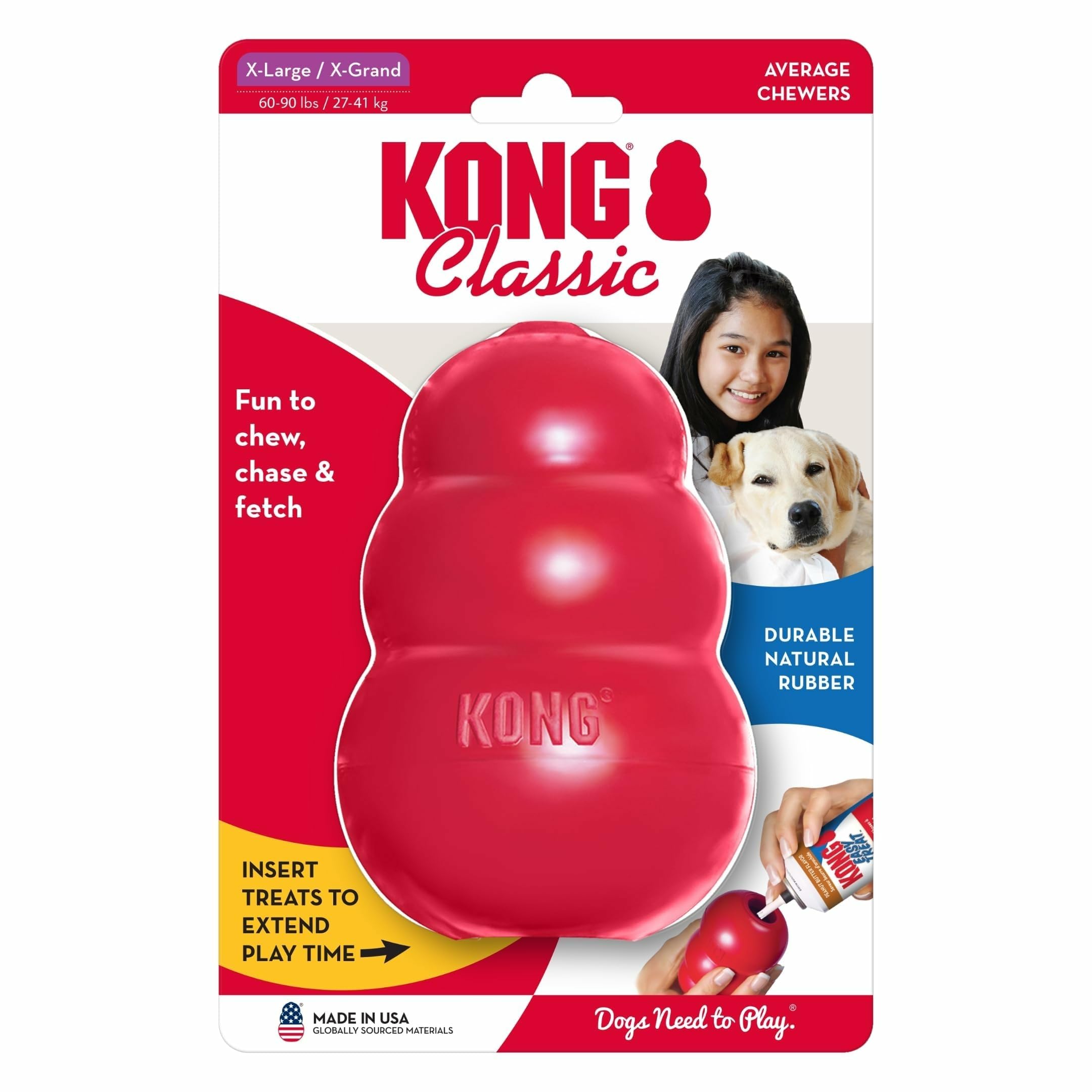 KONG Giocattolo classico per cani, giocattolo da recuperare e masticare per cani, capacità di riempimento e rimbalzo irregolare per un tempo di gioco prolungato, materiale in gomma naturale resistente