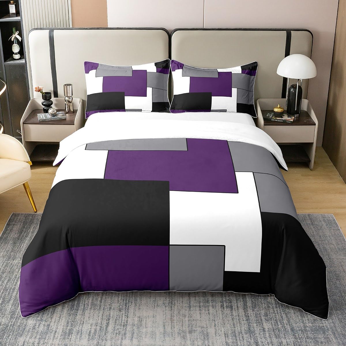 Grey Purple White Black 100% Cotton Duvet Cover