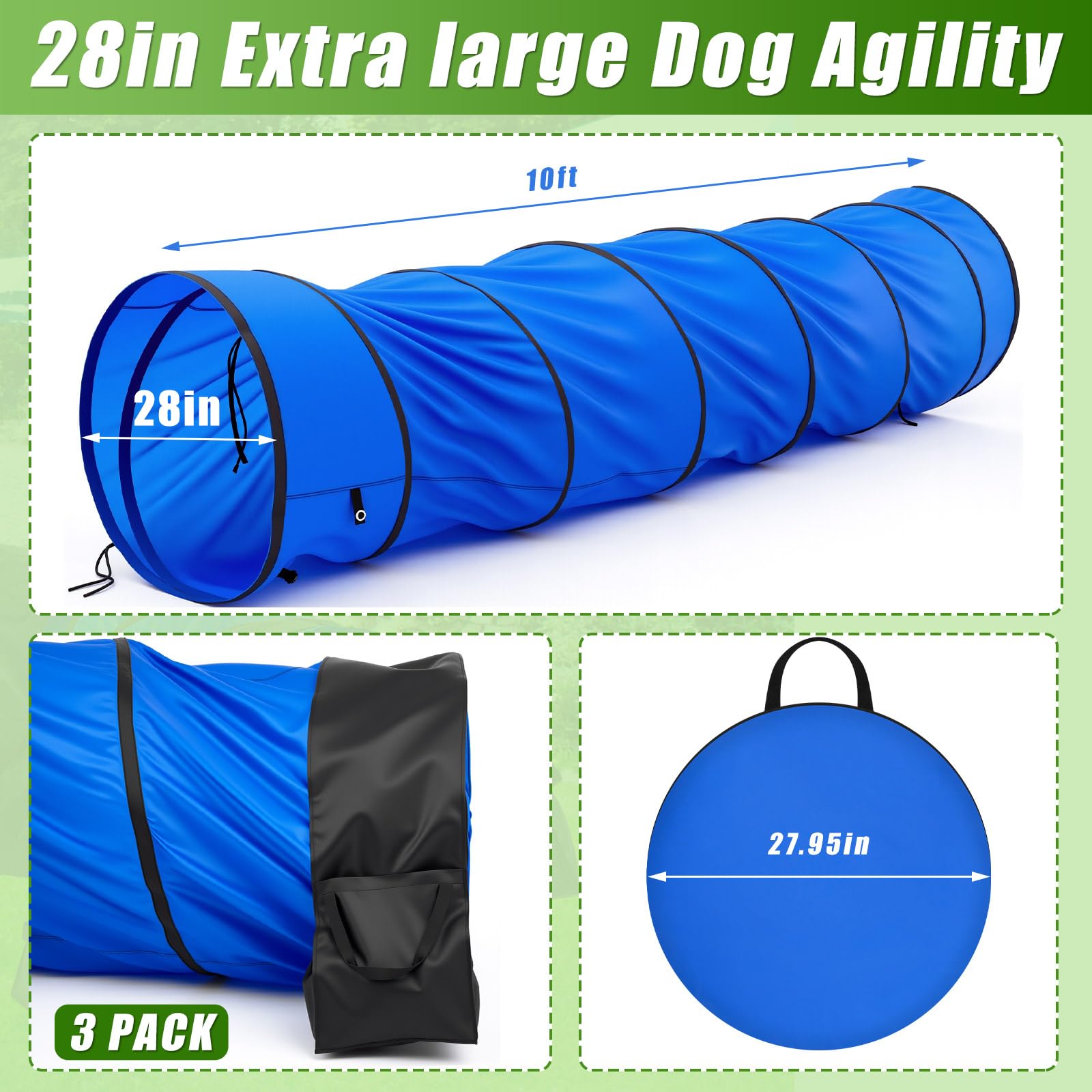 28 in 18 Foot Blue Extra Large Dog Agility Tunnel with Sandbags Dogs Agility Training Equipment Tunnel with 4 Pack Sandbags Carry Bag and 4 Ground Spikes for All Medium and Large Dogs - image 2