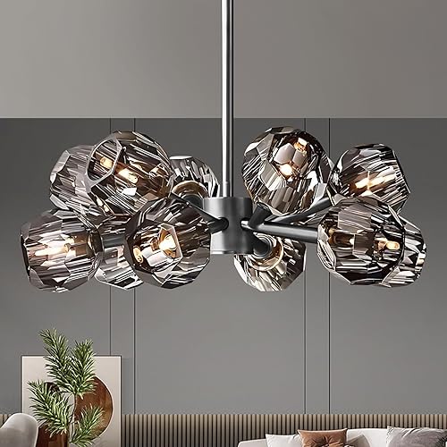 Modern Sputnik Chandelier 12-Light Pearl Black Crystal Pendant 24" Dining Room Light Fixture Over Table Mid Century Branches Chandeliers with Smoke
