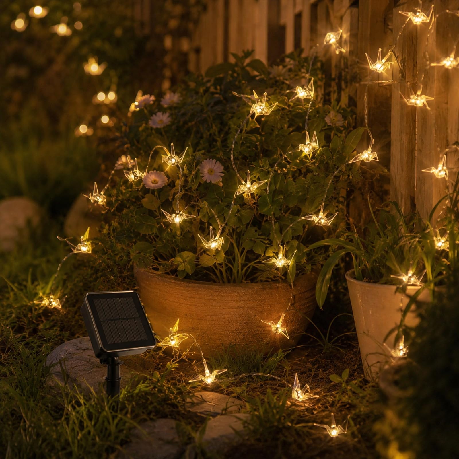 Hiseng Catena Luminosa Esterna Solare, LED Luci Solari Esterno da Giardino a Forma a Mille Gru di Carta, Lampade Solari Impermeabili per Campeggio, Terrazzo, Balcone (Bianco caldo,22m 200LED)