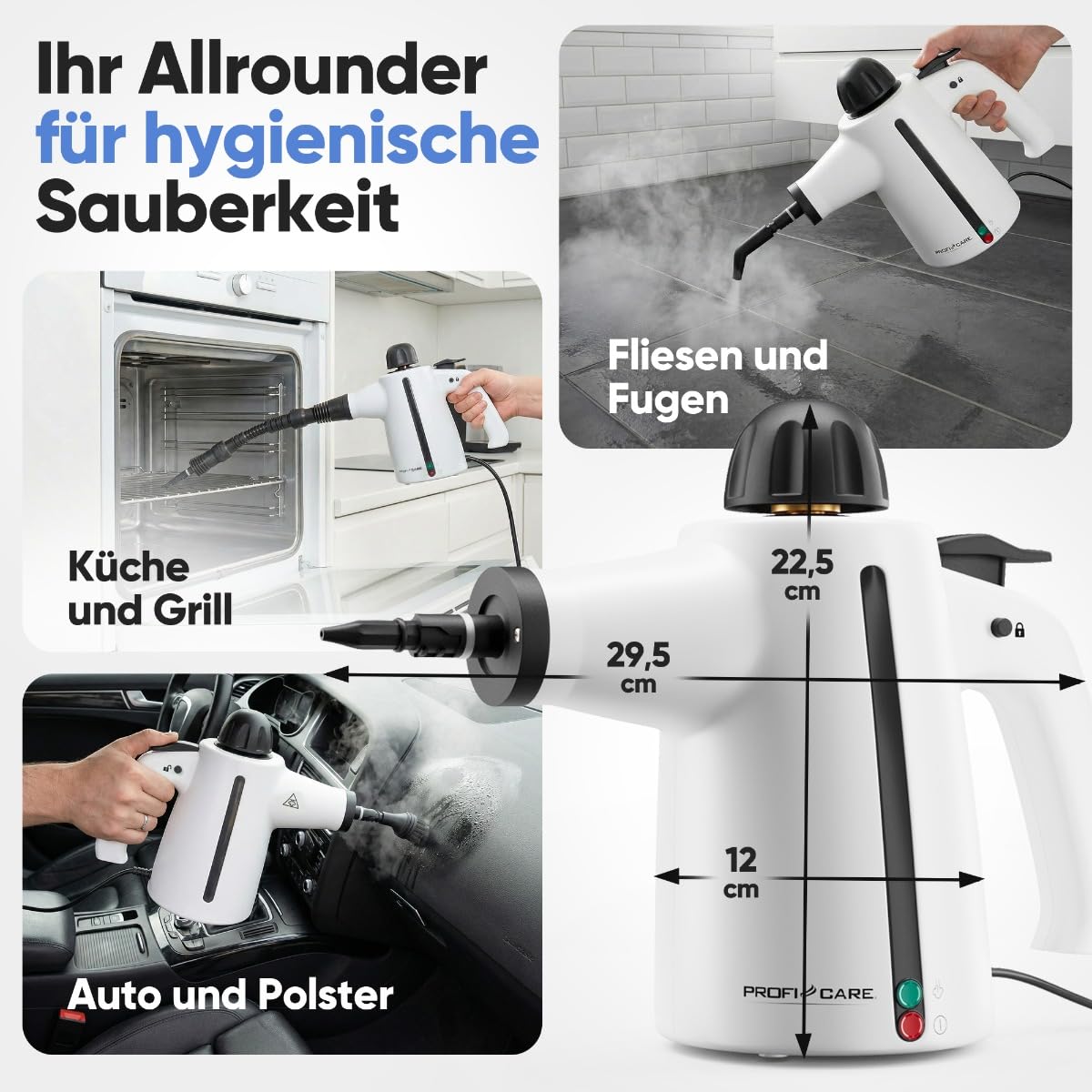 ProfiCare® Dampfreiniger Handgerät | 3,7 bar | säubert entfettet desinfiziert | 105°C | Auto, Küche, Bad, Polster | 1050W | mit 5m Kabel & Zubehör | Steam Cleaner | Handdampfreiniger | PC DR 3145