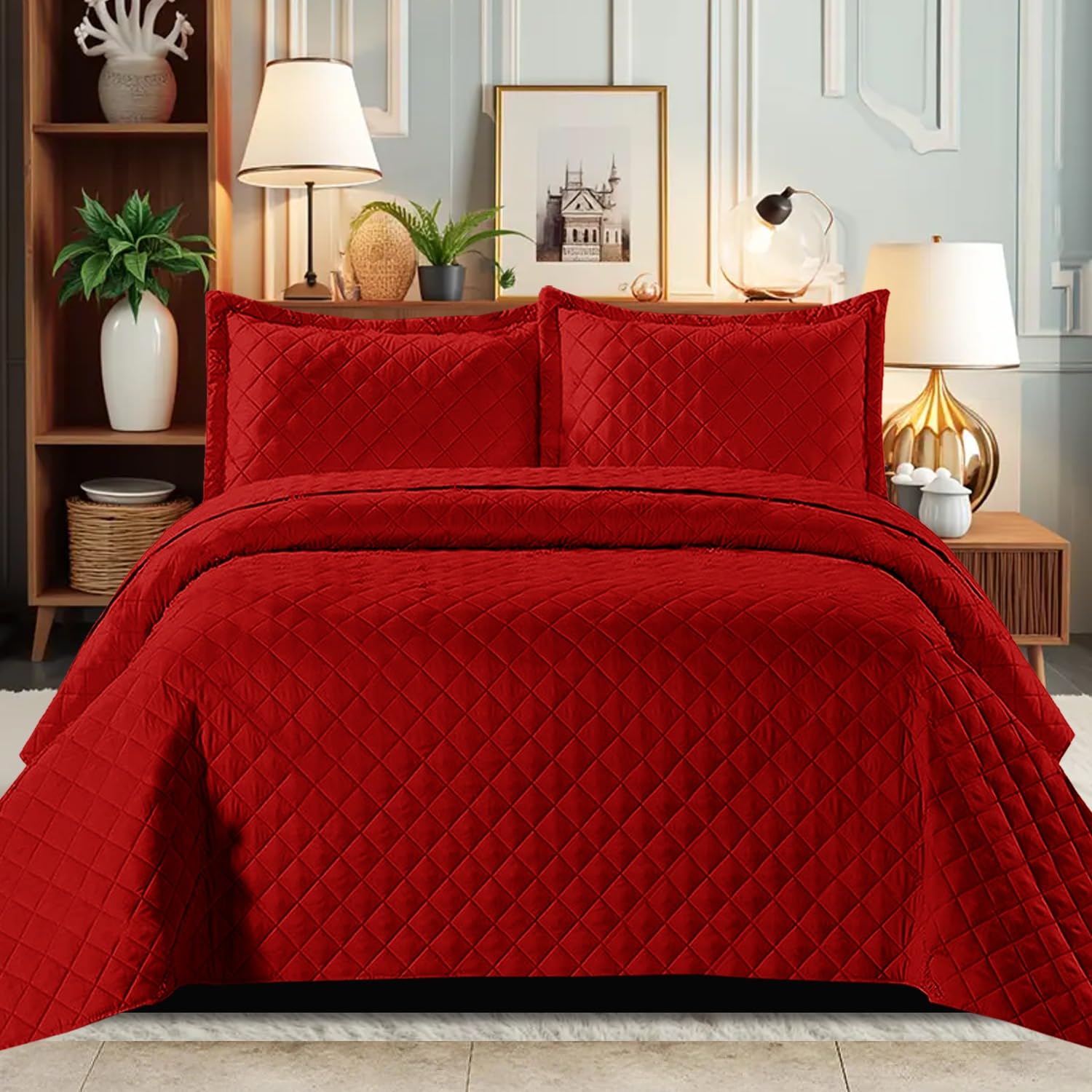 B&B Quilted Bedspread Bed Throws - Luxury Embossed Diamond Check Pattern Reversible Quilt Bedspreads Coverlets for Bedroom Decor with Matching Pillow Shamss (Double, Red)