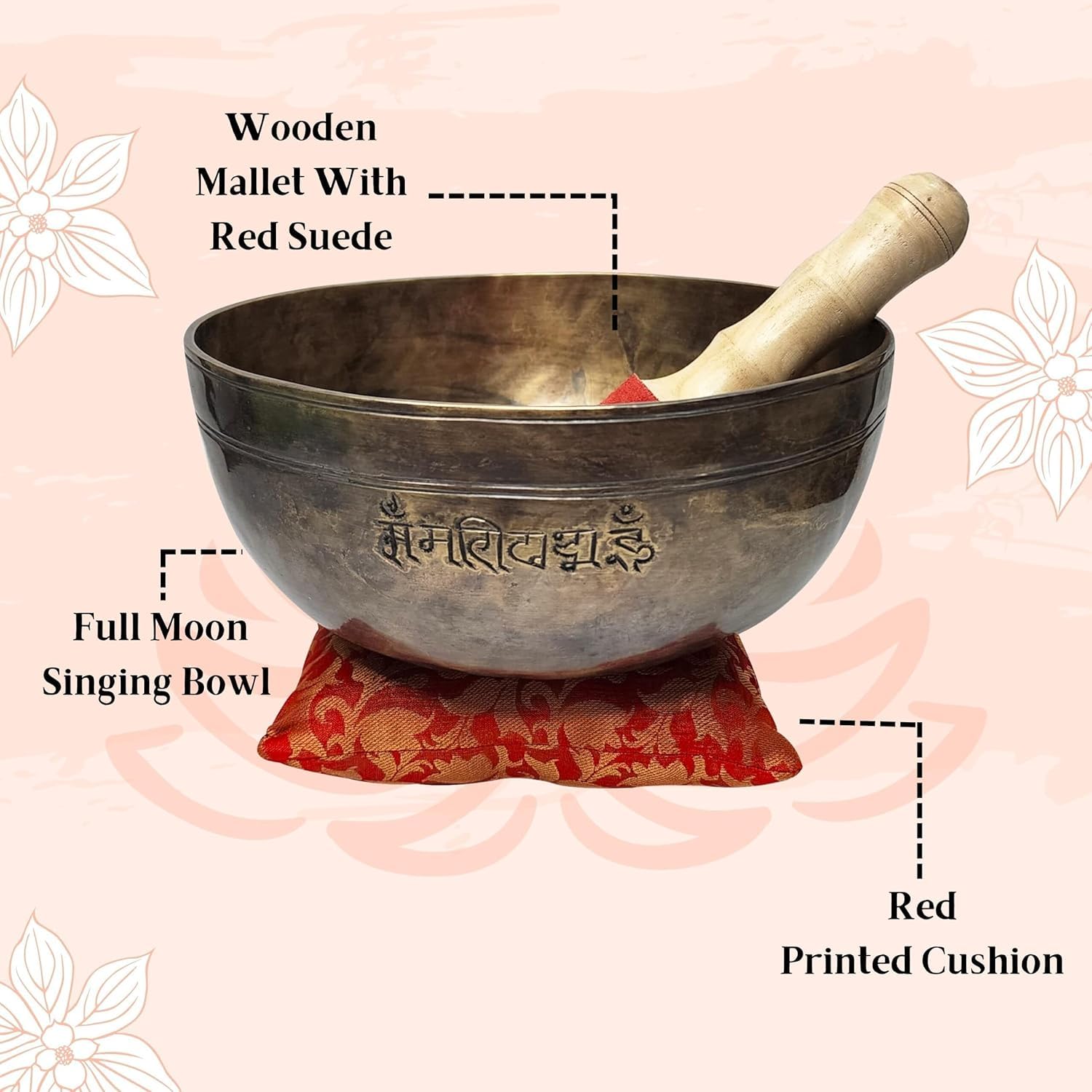 Campana tibetana professionale pre-sintonizzata a mano martellata dell'Himalaya per la luna piena, per meditazione, guarigione, con martello e cuscino in seta, 28 cm