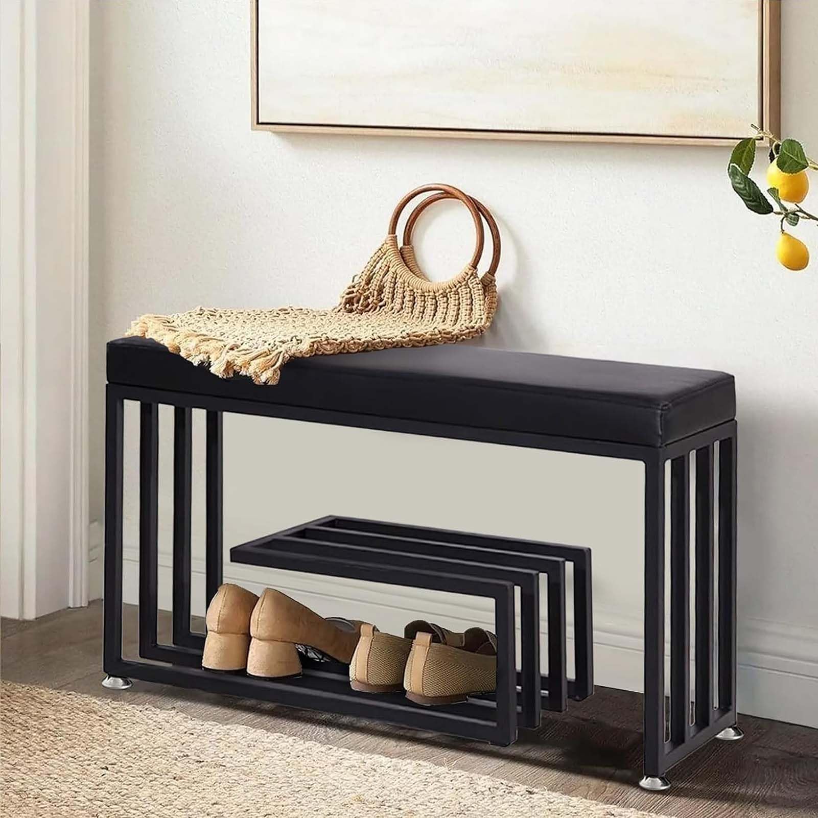 Meuble d'entrée avec banc assis et poubelle, rangement de chaussures pour couloir et salon