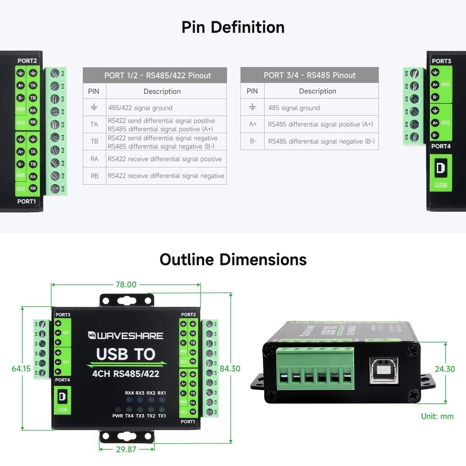 Waveshare Industrial Isolated USB To RS485/422 Converter, Original FT4232HL Chip, Supports USB To 2-Ch RS485 & 2-Ch RS485/422, Wall-Mount & Rail-Mount Support