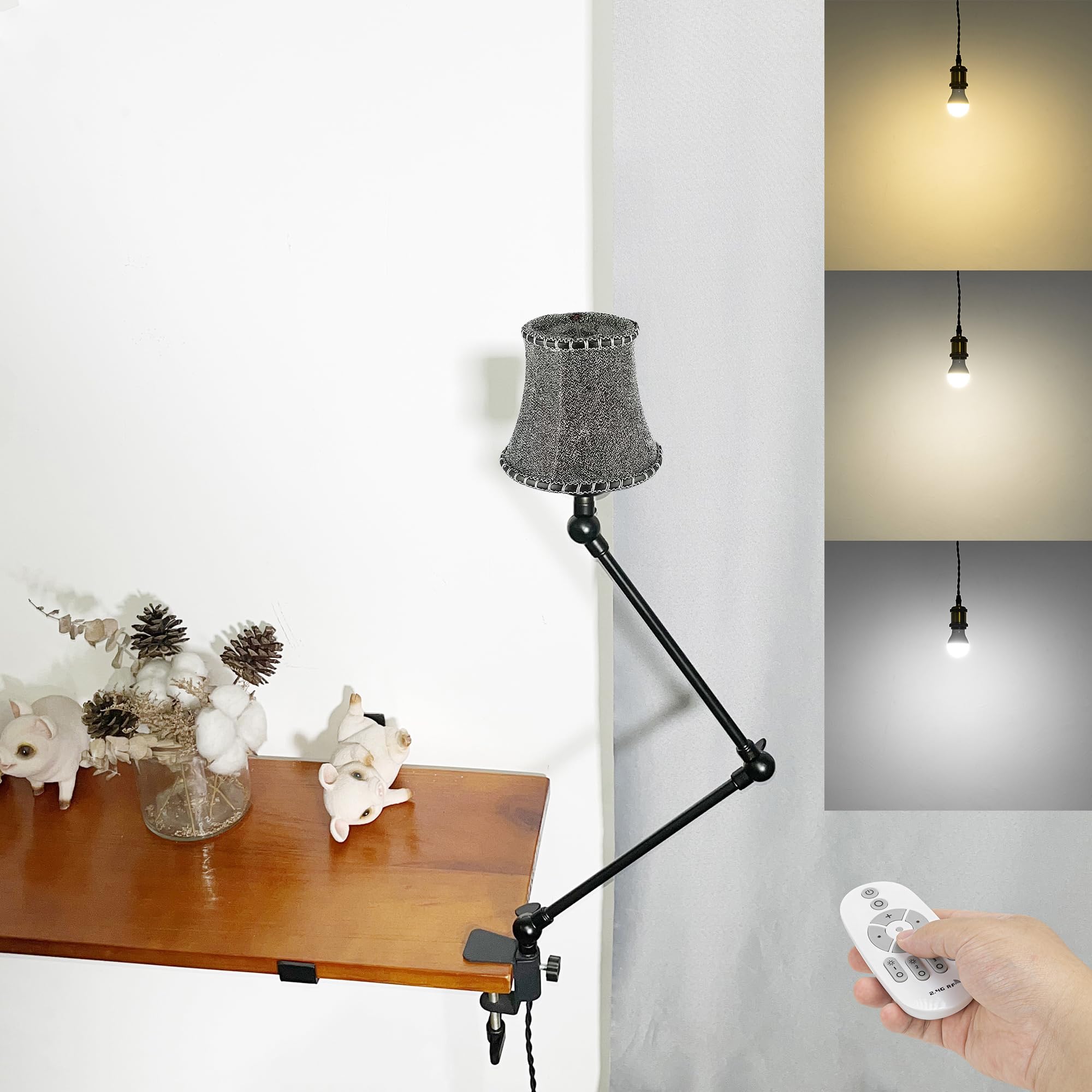 Klemmleuchte mit Fernsteuerung,1 Packung Leselampe mit 2,5 m Kabel, Dimmbar Nachttischlampe,Augenpflege Schreibtischlampe für Büro Heimgebrauch, E27 Lampenhalterung - DZ0332/7