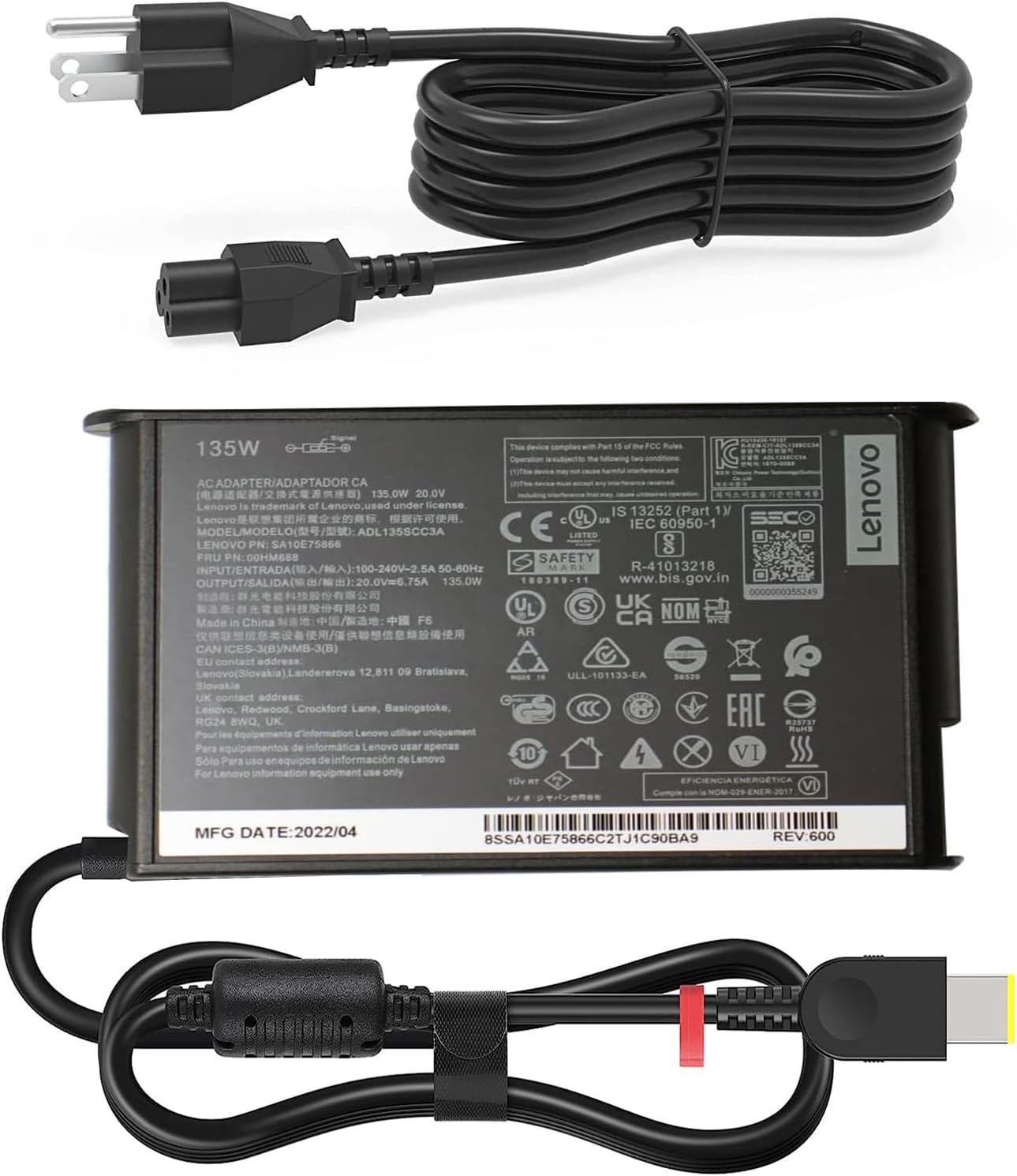 135W AC Charger Fit for Lenovo ThinkPad X1 Extreme Gen 1 2 3 4 5 W540 W541 T440 T440S T440P T470P T540p T15p Ideapad Yoga Y50-70 Y50-80 Y50p Y50p-70 Y50c G405 G410 G505 Laptop Power Supply Adapter