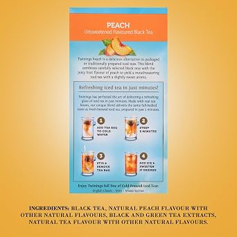 Twinings Cold Brewed Iced Tea Bags, Peach - Ready in 5 Minutes, Flavoured Black Tea Cold Brew Bags, Caffeinated, Unsweetened, 20 Count