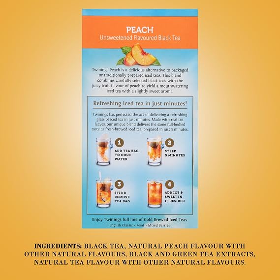 Twinings Cold Brewed Iced Tea Bags, Peach - Ready in 5 Minutes, Flavoured Black Tea Cold Brew Bags, Caffeinated, Unsweetened, 20 Count
