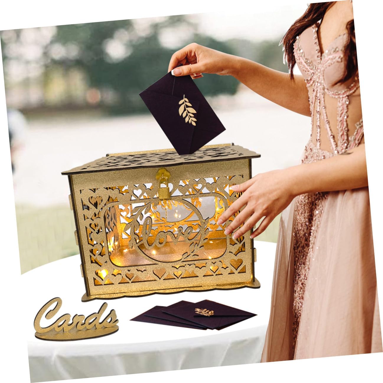 NUOBESTY Wooden Hollow Card Box with Lock Square Wood Card Holder for Wedding Reception Birthday Portable Decorative Storage Container