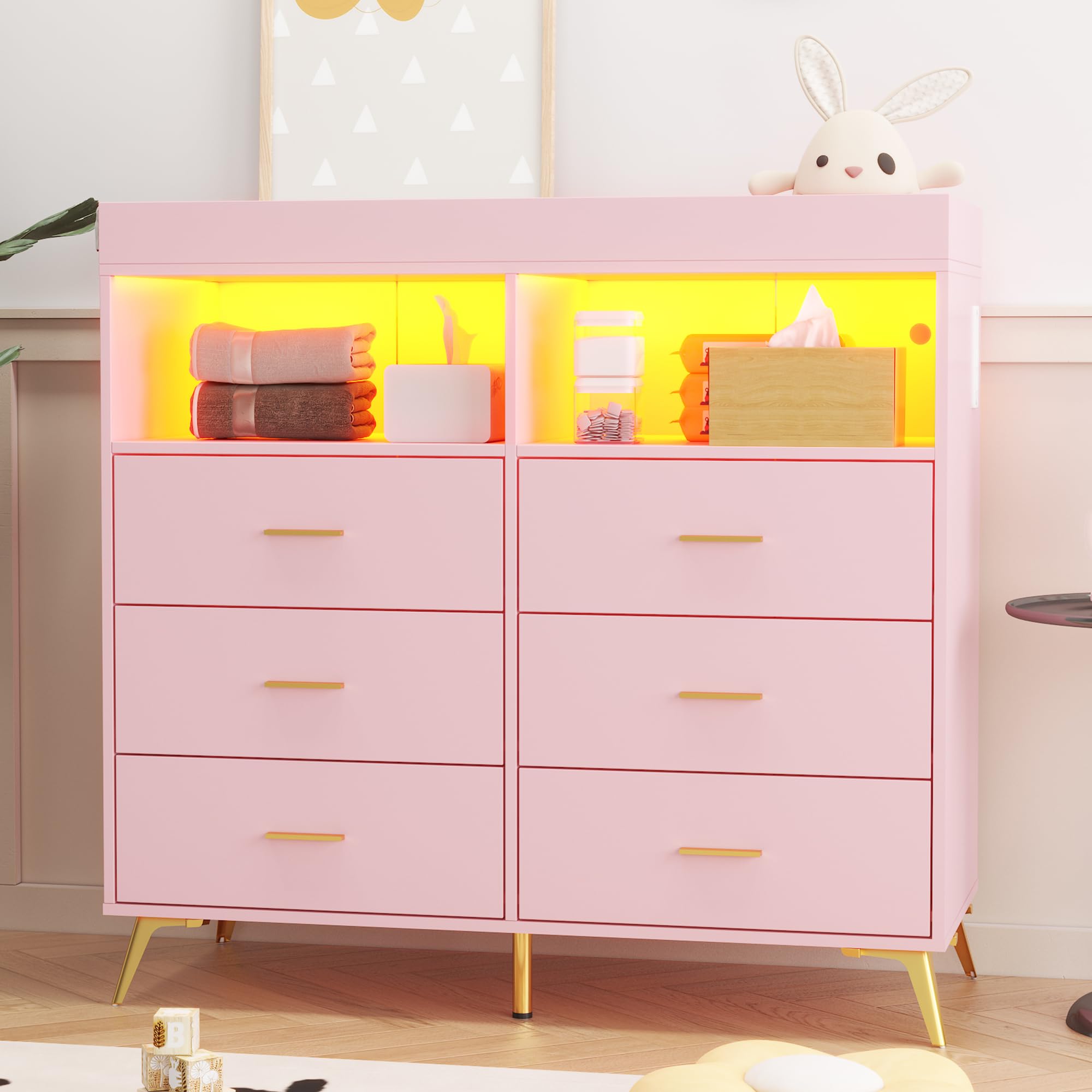 (2 Boxes) GarveeHome Dresser for Bedroom with 6 Drawers, Baby Changing Table Dresser with Changing Pad, LED Lights & Charging Station, Baby Changing Station with Changing Table Top (Pink)