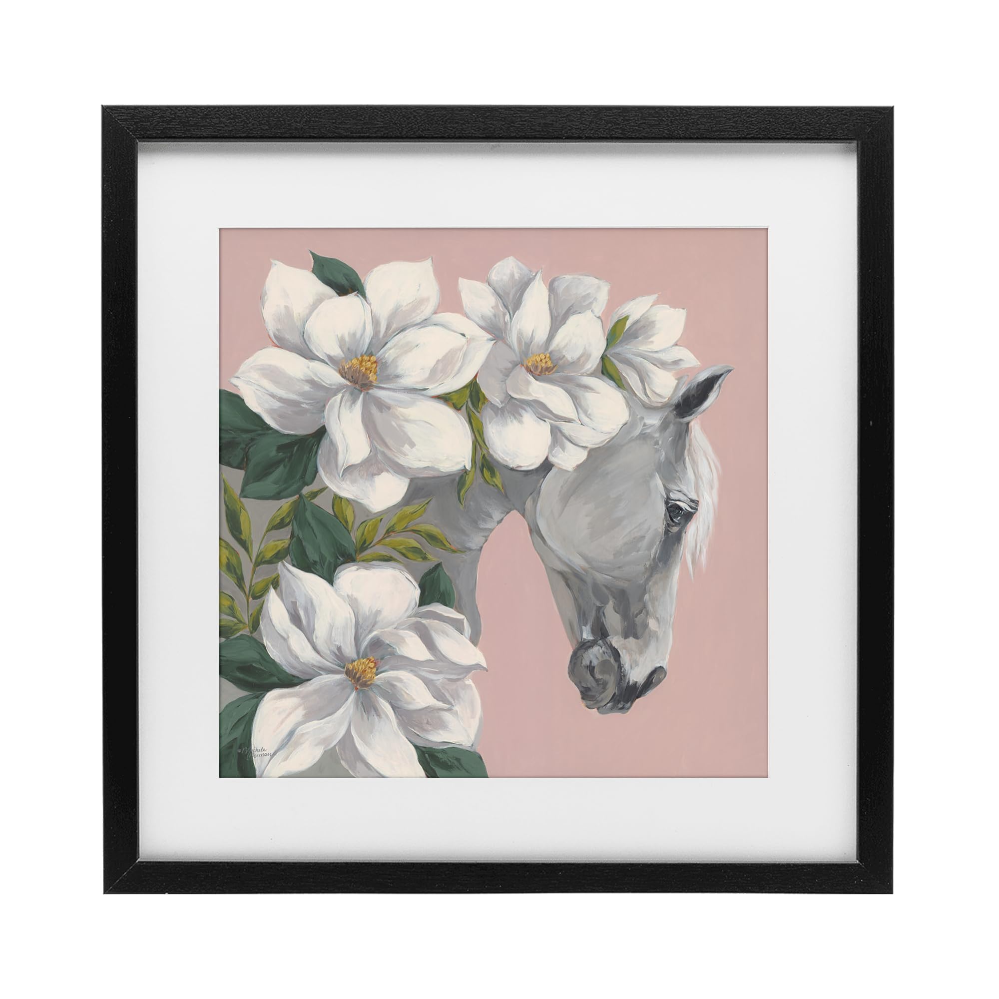 Impression encadrée Sweet Maggie Floral Horse cadre noir tableau décoration murale fleur cheval