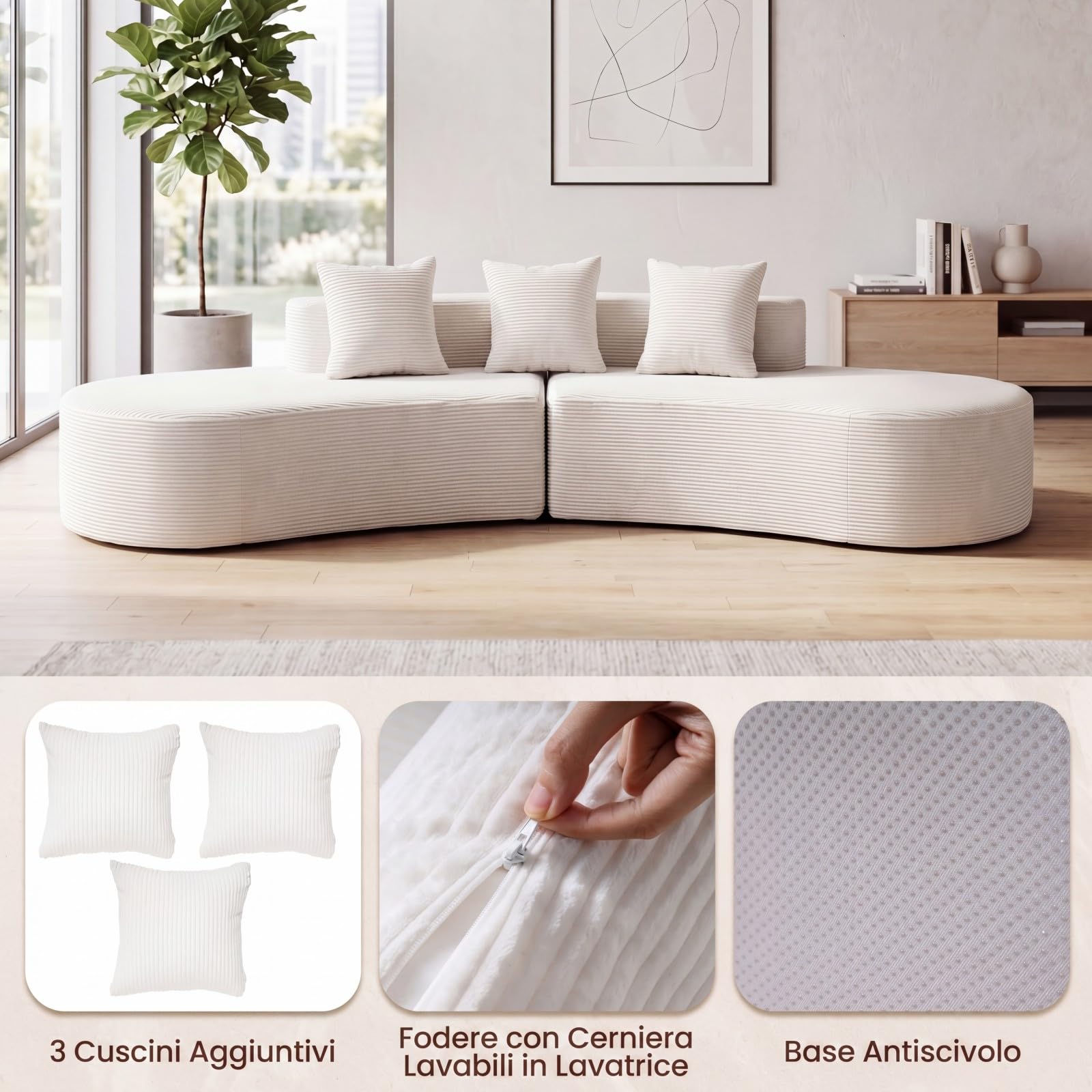 COSTWAY Divano Modulare 5 Posti, Divano Curvo in Velluto a Costa con 3 Cuscini e Schiuma ad Alta Elasticità, Divanetto da Pavimento Imbottito per Soggiorno e Camera da Letto, 305,5 x 132 x 63 cm