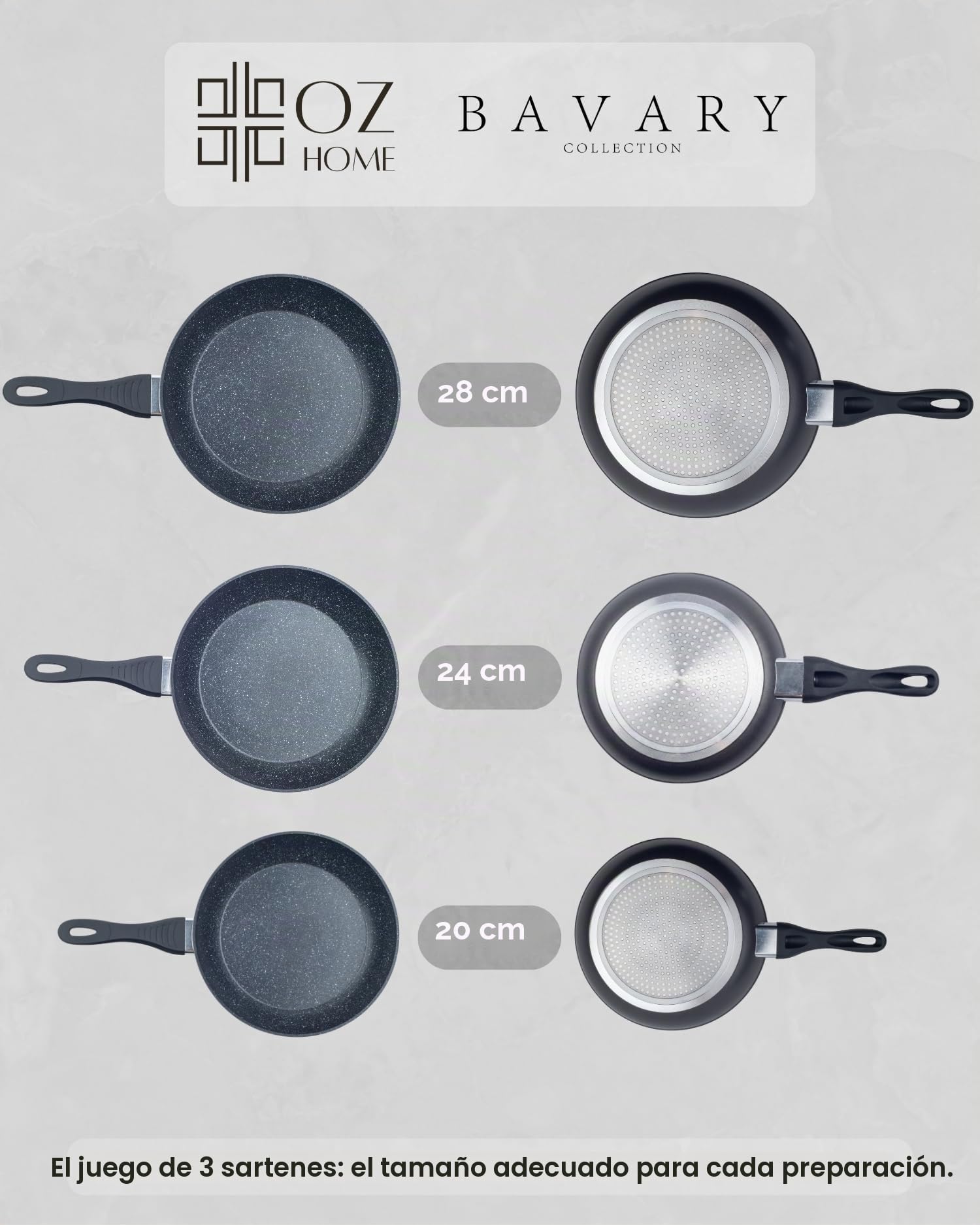 Bavary Juego de sartenes de 3 piezas 20/24/28 cm – Recubrimiento antiadherente de granito – Libre de PFOA y PTFE – Sartén de inducción – Aluminio fundido – Apto para todas las placas de cocción