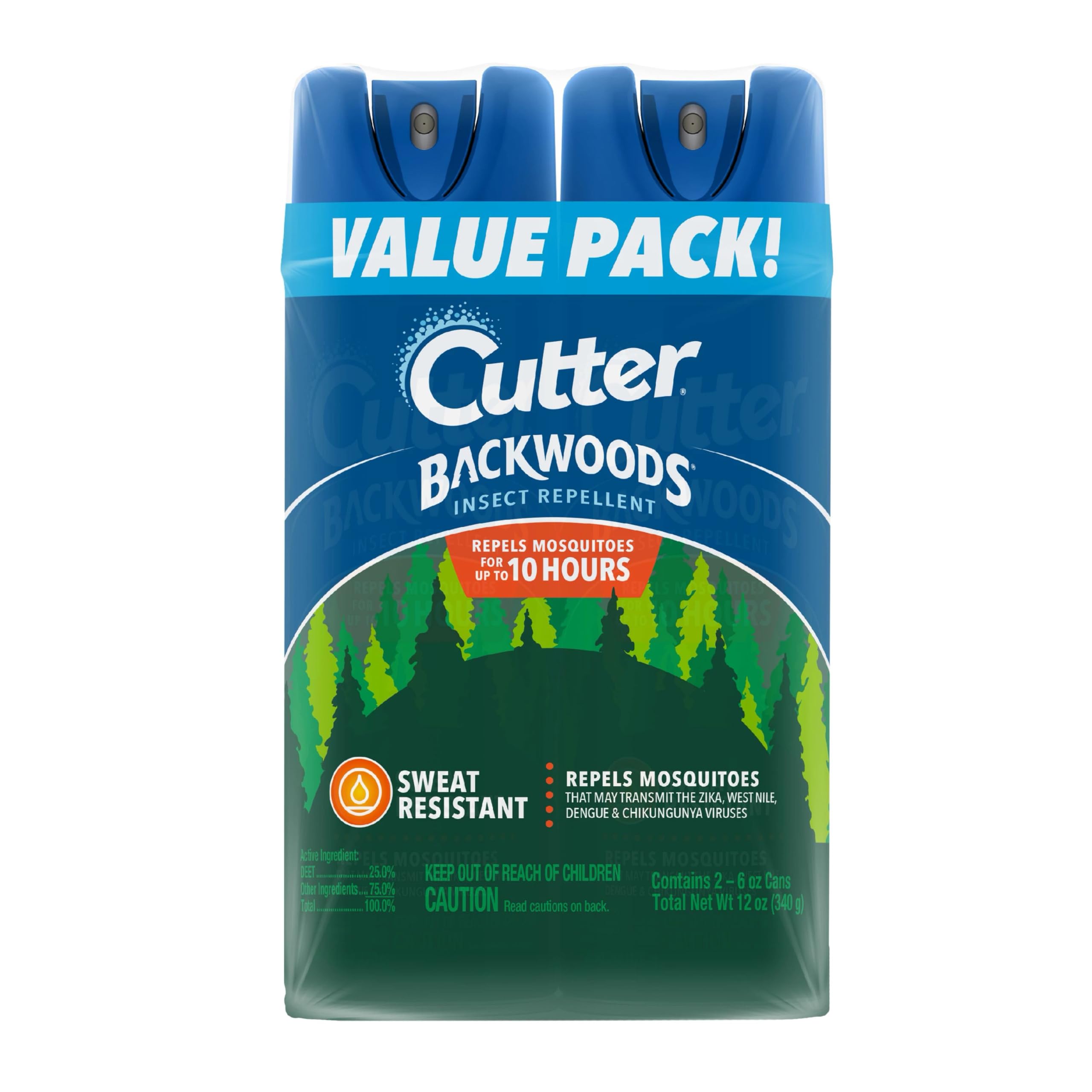 CutterBackwoods Insect Repellent (2 Pack), Repels Mosquitos for Up To 10 Hours, 25% DEET, 6 Ounce (Aerosol Spray)