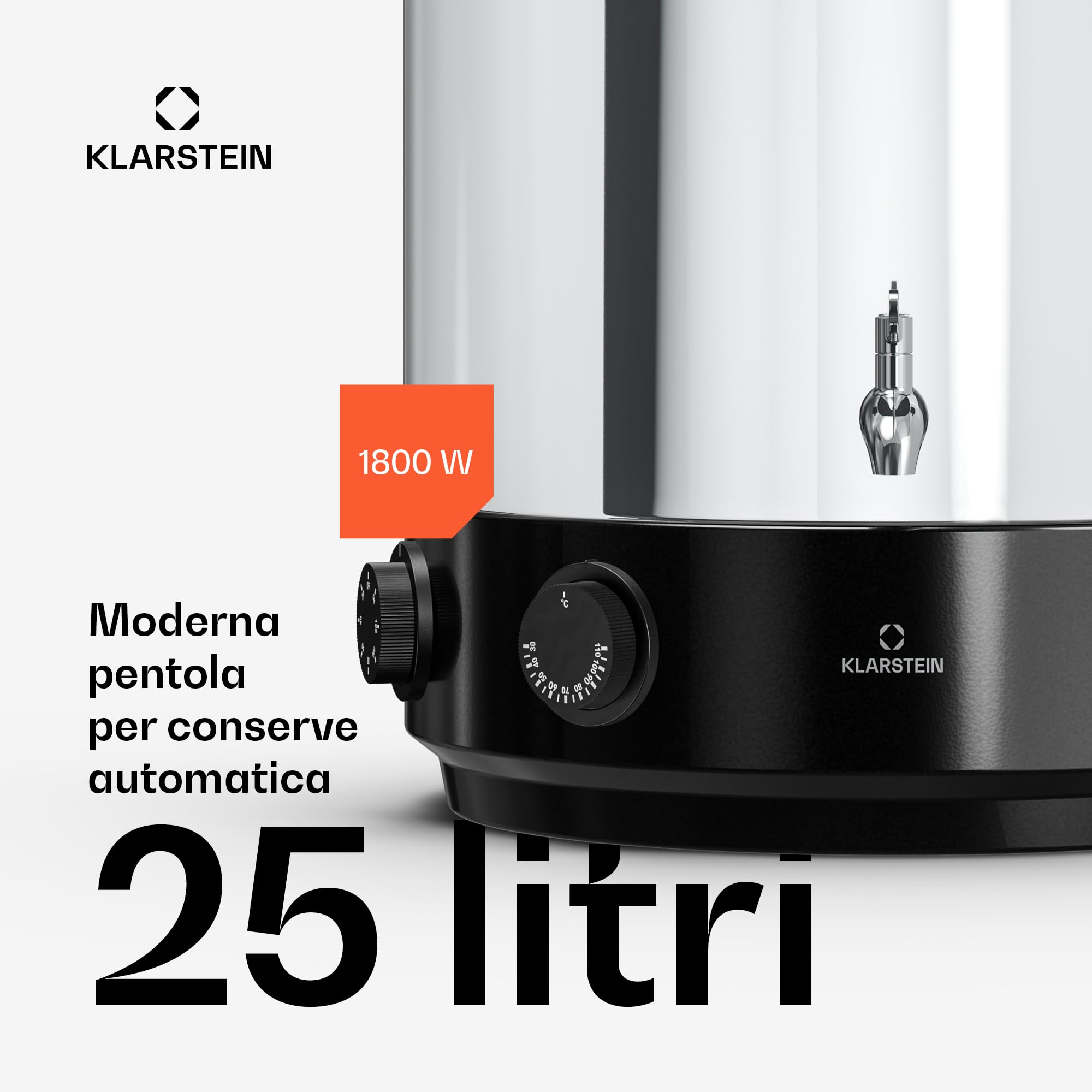 Klarstein Biggie Sterilizzatore Meccanico per Conserve 25 L in Acciaio Inox con Rubinetto in Acciaio Inox, 1800 W, 30–110 °C, Timer, Vin Brulé